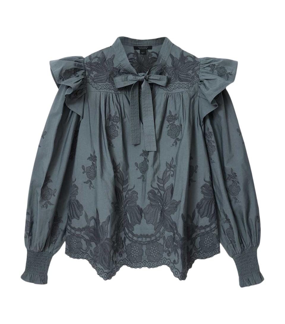 AllSaints Womens Cotton Nisa Embroidered Blouse Steel Blue