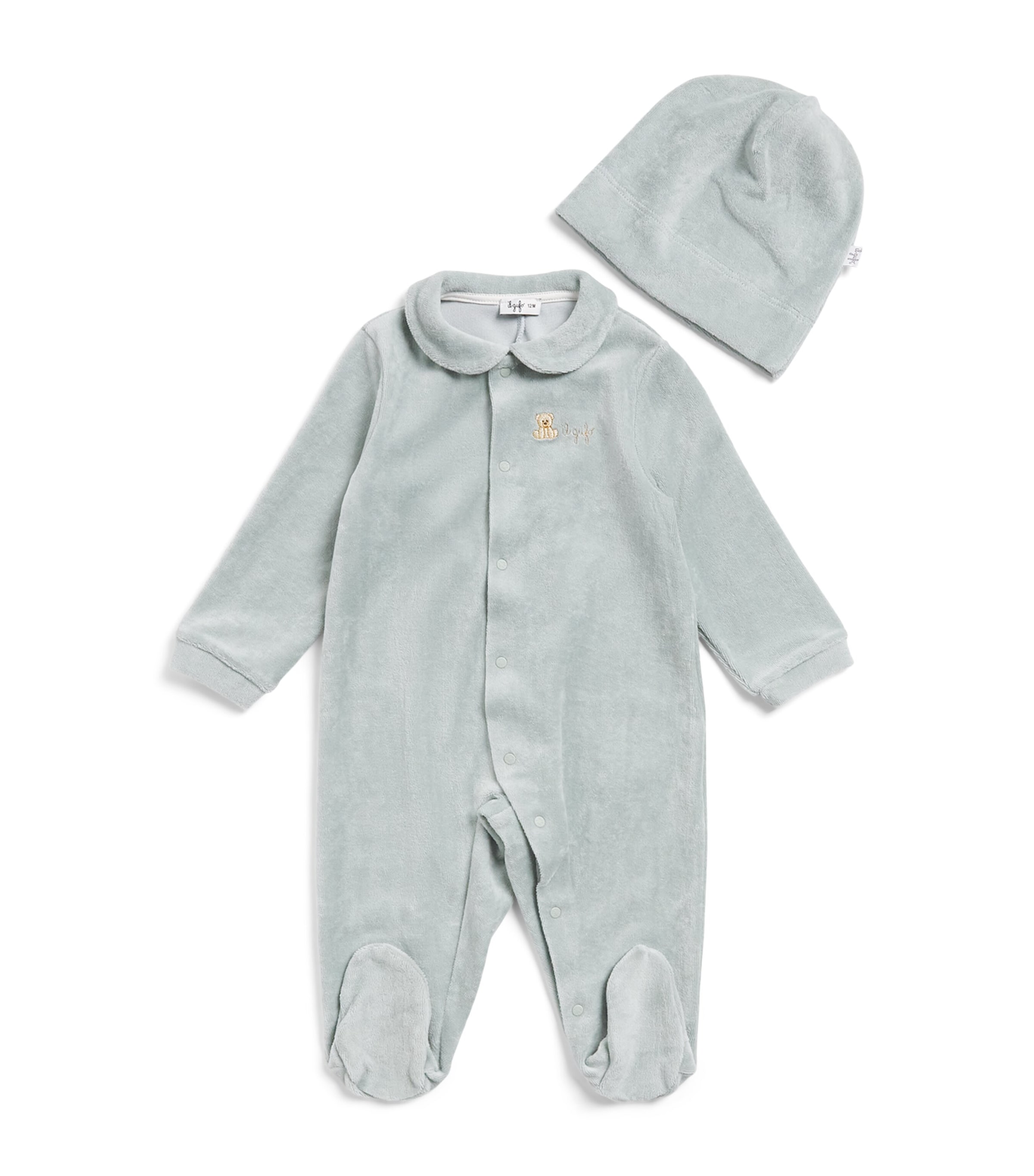 Il Gufo Stretch-Cotton All-in-One and Hat Set (1-12 Months) Lake