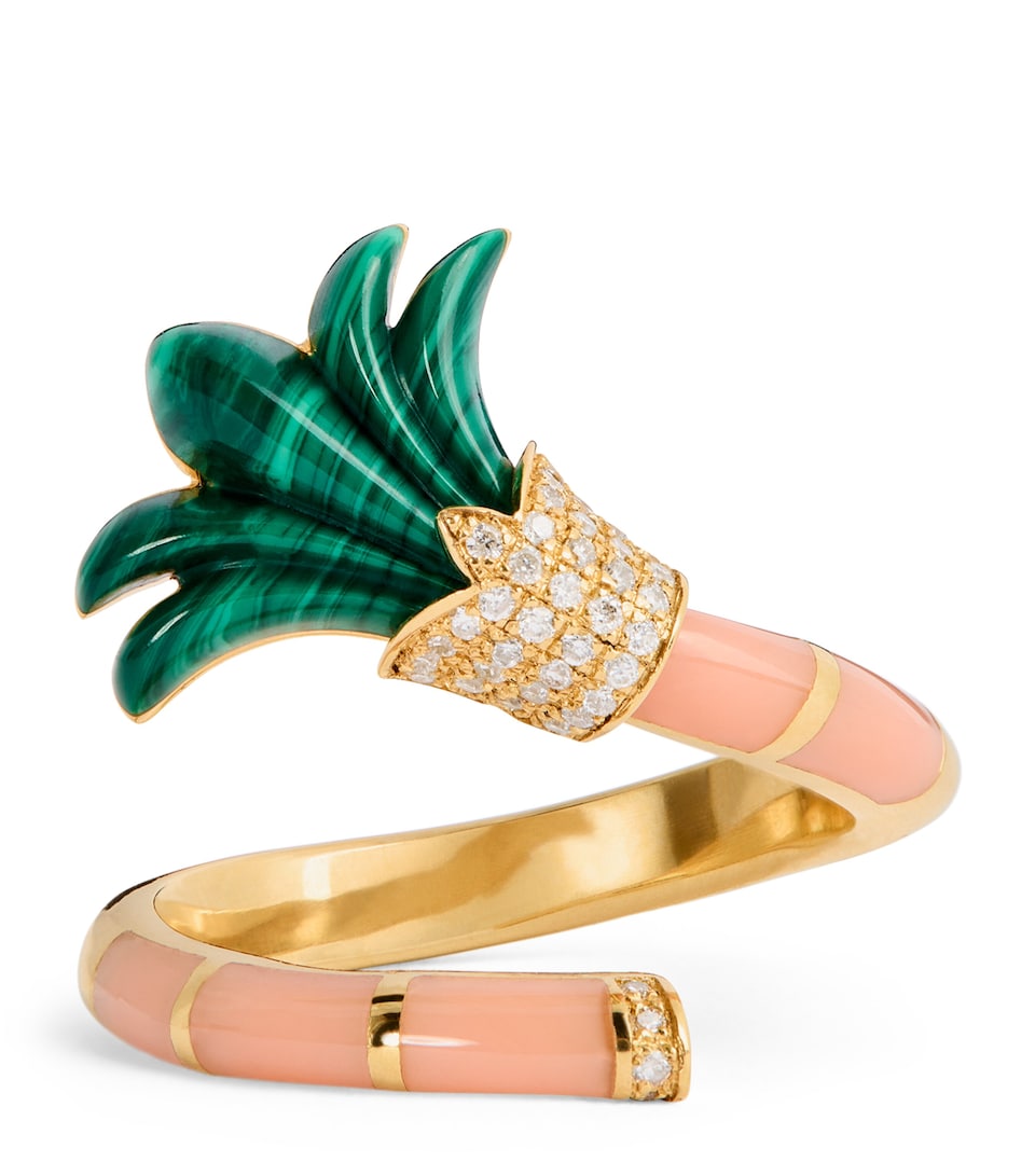 Yellow Gold, Diamond, Malachite and Coral On A Vine Psychedeliah Ring