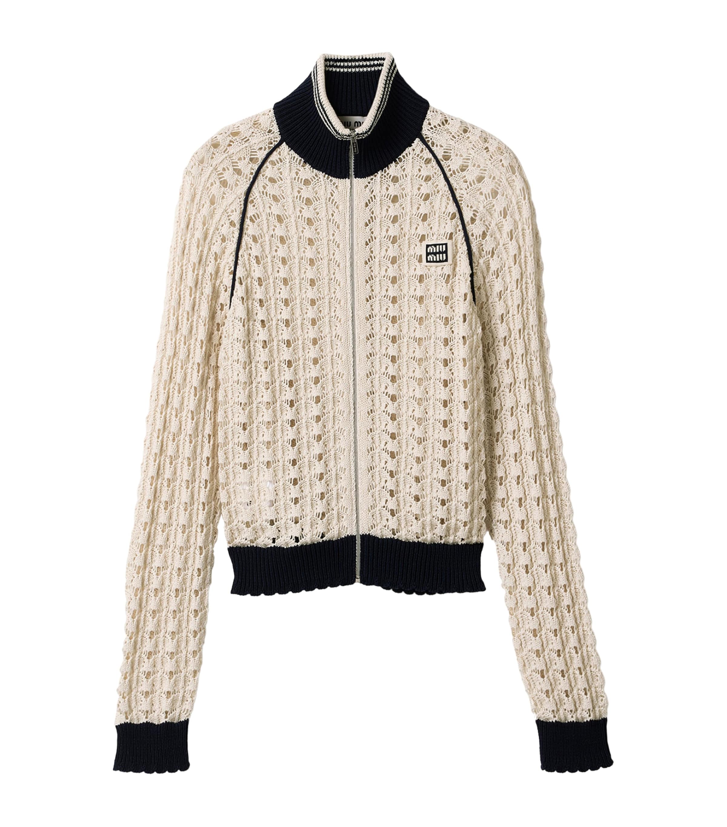 Miu Miu Womens Crochet Zip-Up Cardigan Neutral