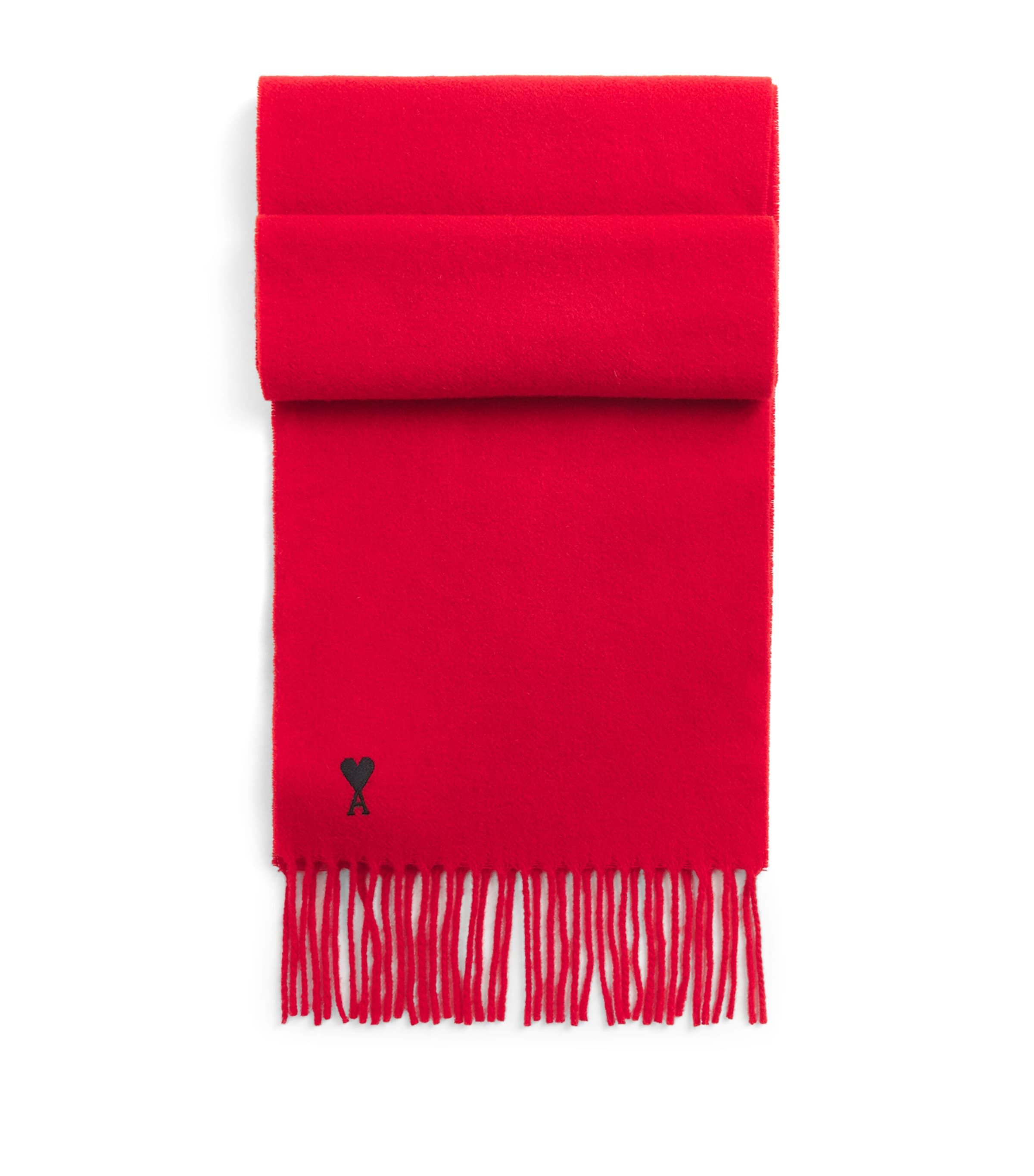 AMI Paris Wool Ami de Coeur Fringed Scarf Rouge Rubis