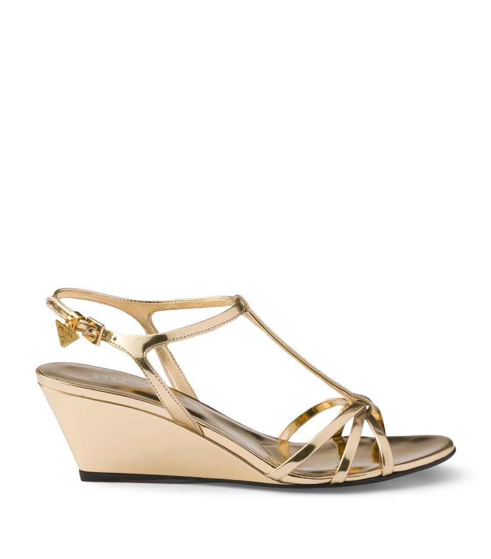 Prada Metallic Leather Wedge Sandals 55