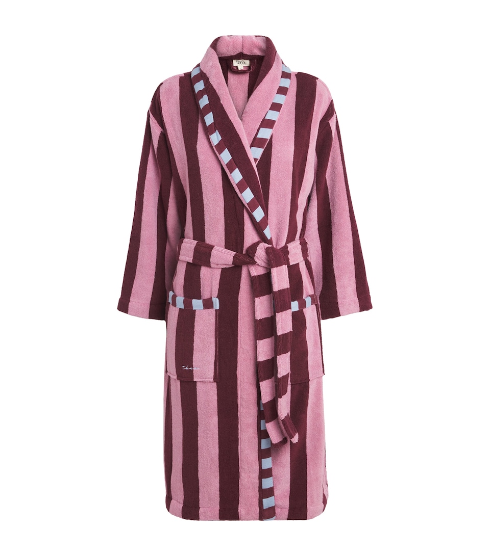 TBCO Womens Terry Cotton Bath Robe Burgundy Stripe