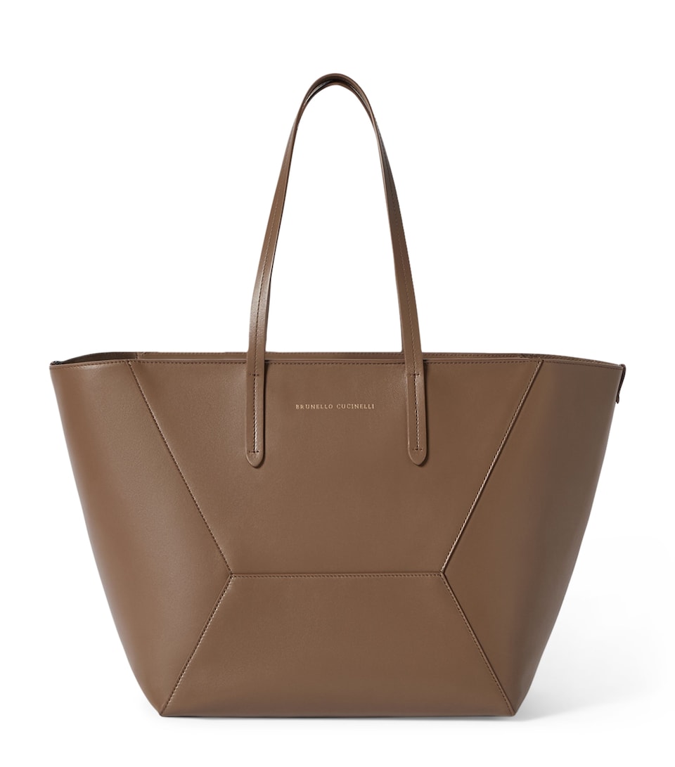 Brunello Cucinelli Large Calfskin BC Duo Tote Bag Brown Gianduia