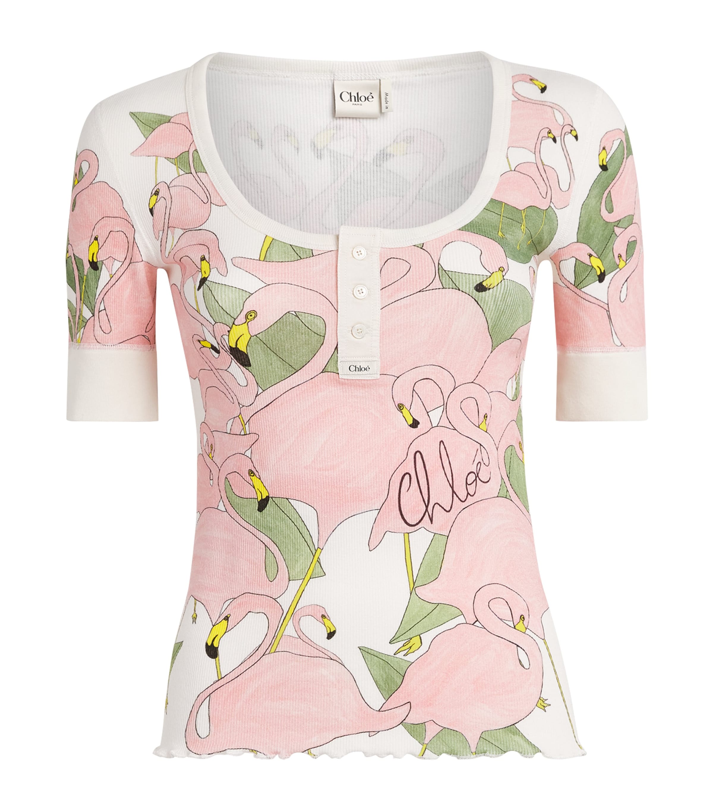 Chloé Womens Cotton Flamingo Print Henley T-Shirt Flamingo