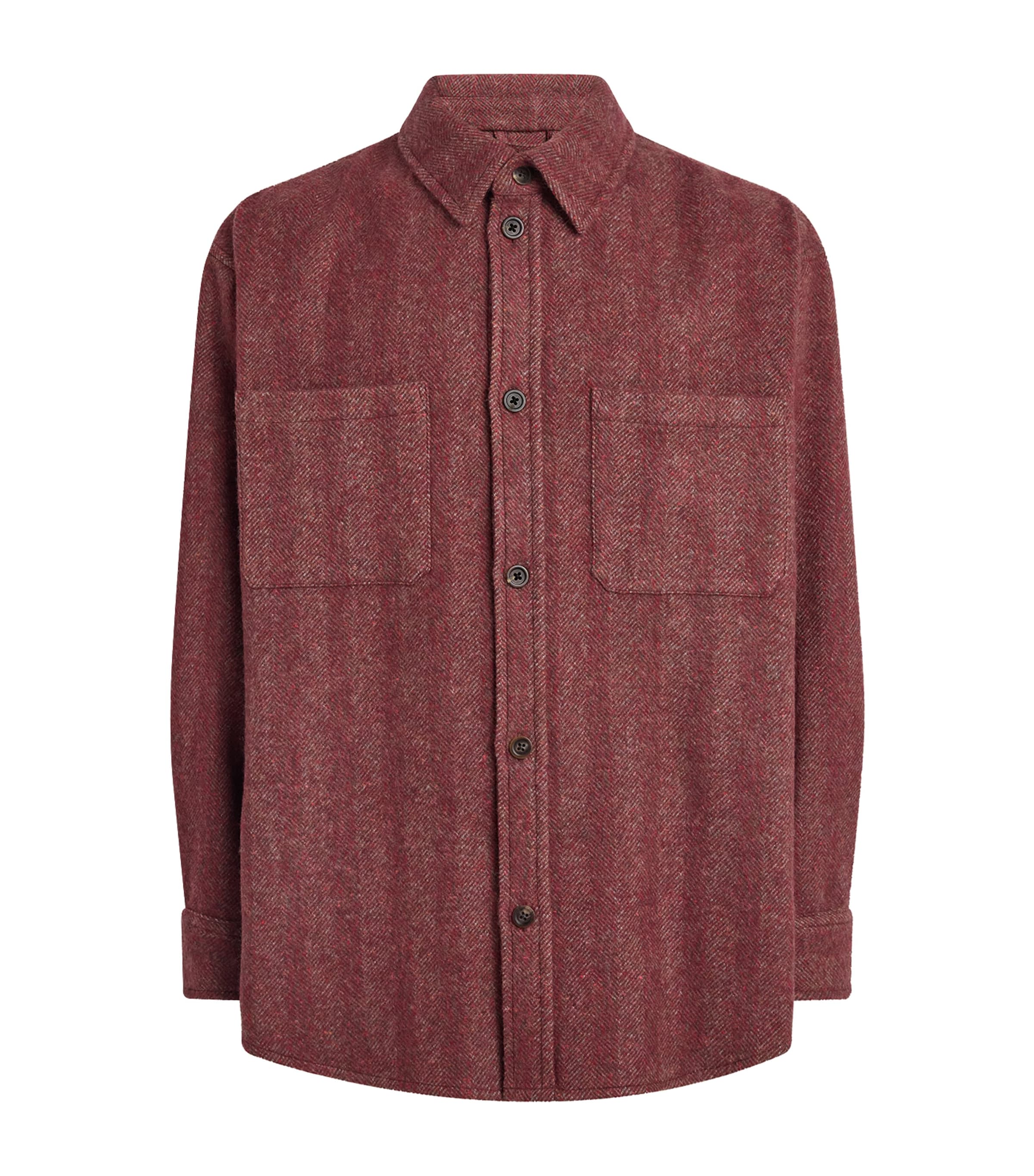 Johnstons Of Elgin Mens Wool-Cashmere Herringbone Atholl Overshirt Red Herringbn