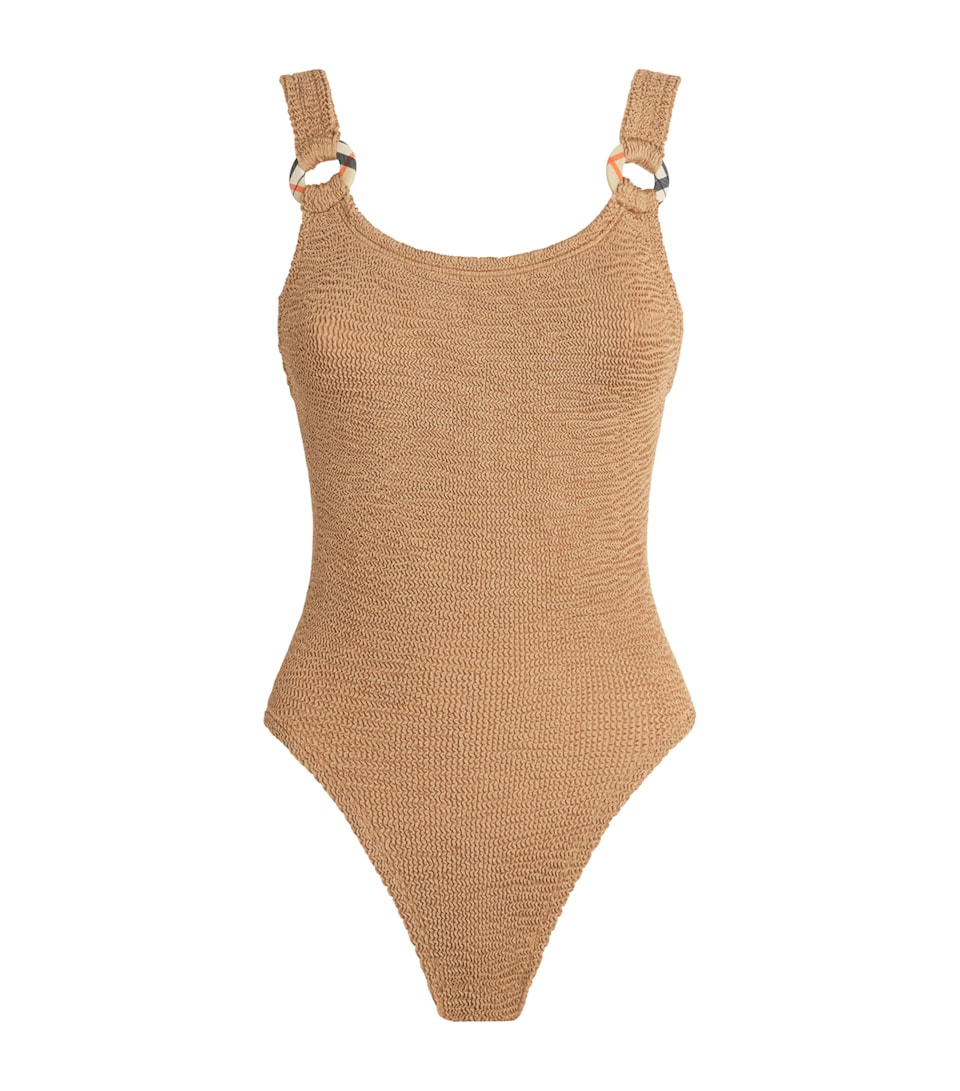 Hunza G Womens x Burberry Check-Trim Domino Swimsuit Metallic Cocoa