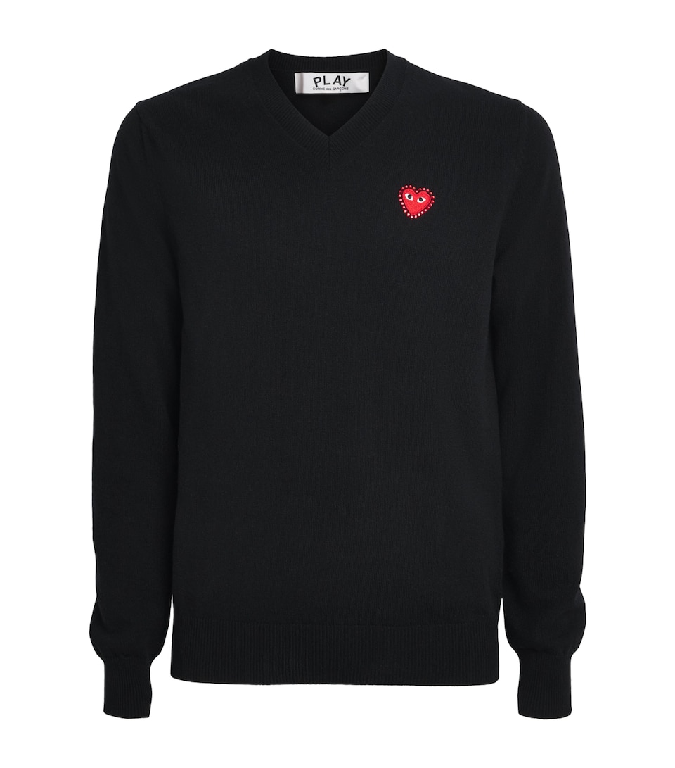 Comme Des Garçons Play Mens Wool Rhinestone Heart V-Neck Sweater Black