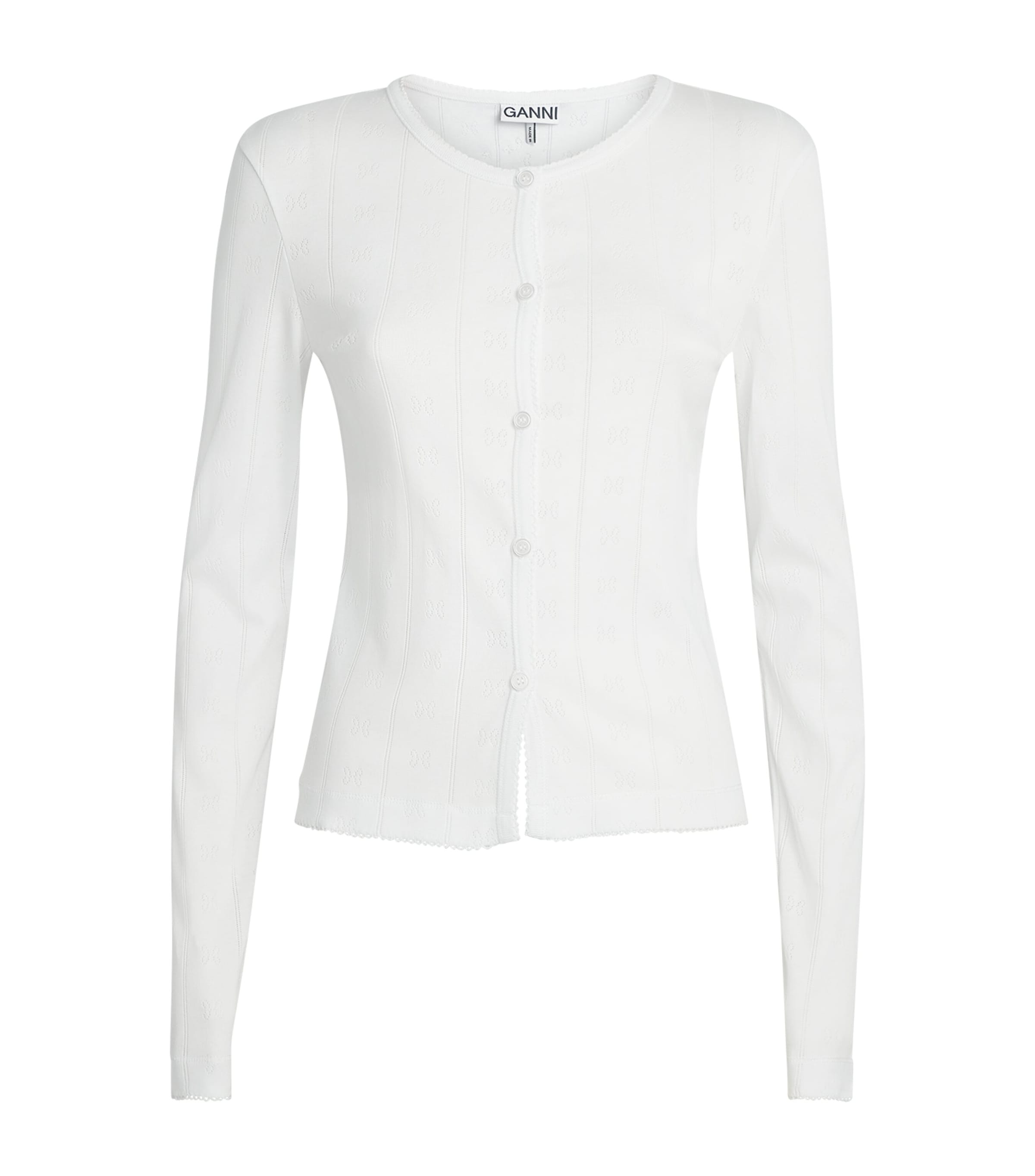 GANNI Womens Organic Cotton Pointelle Cardigan Bright White