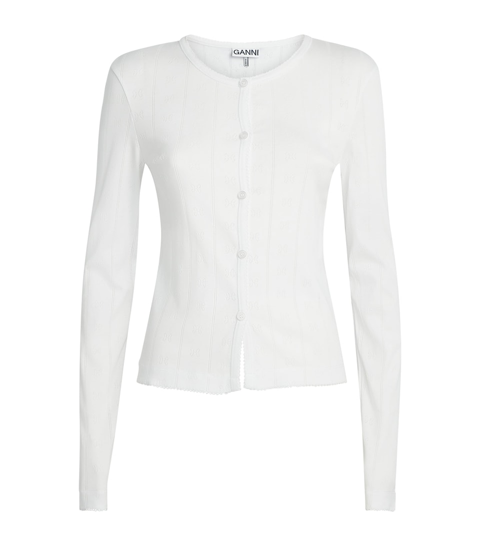 GANNI Womens Organic Cotton Pointelle Cardigan Bright White