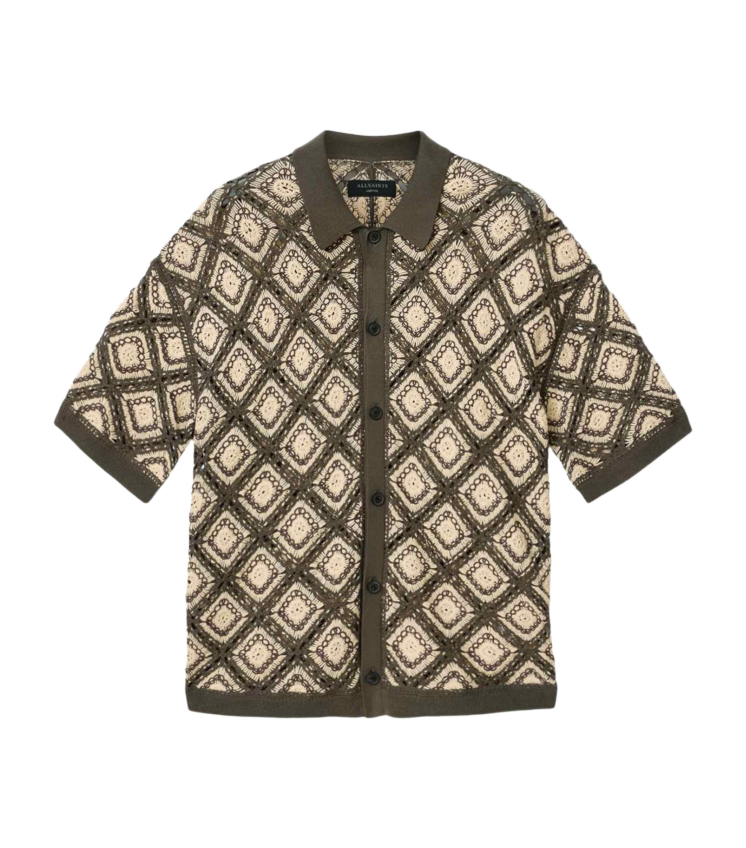 AllSaints Mens Cotton Knitted Short-Sleeve Cardigan Pitch Green