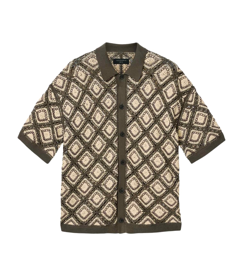 AllSaints Mens Cotton Knitted Short-Sleeve Cardigan Pitch Green