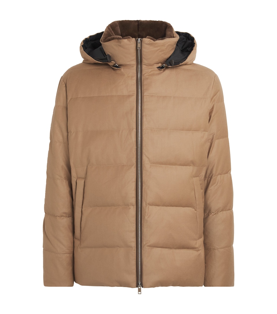 Yves Salomon Mens Down Wool-Silk Hooded Parka Macadamia