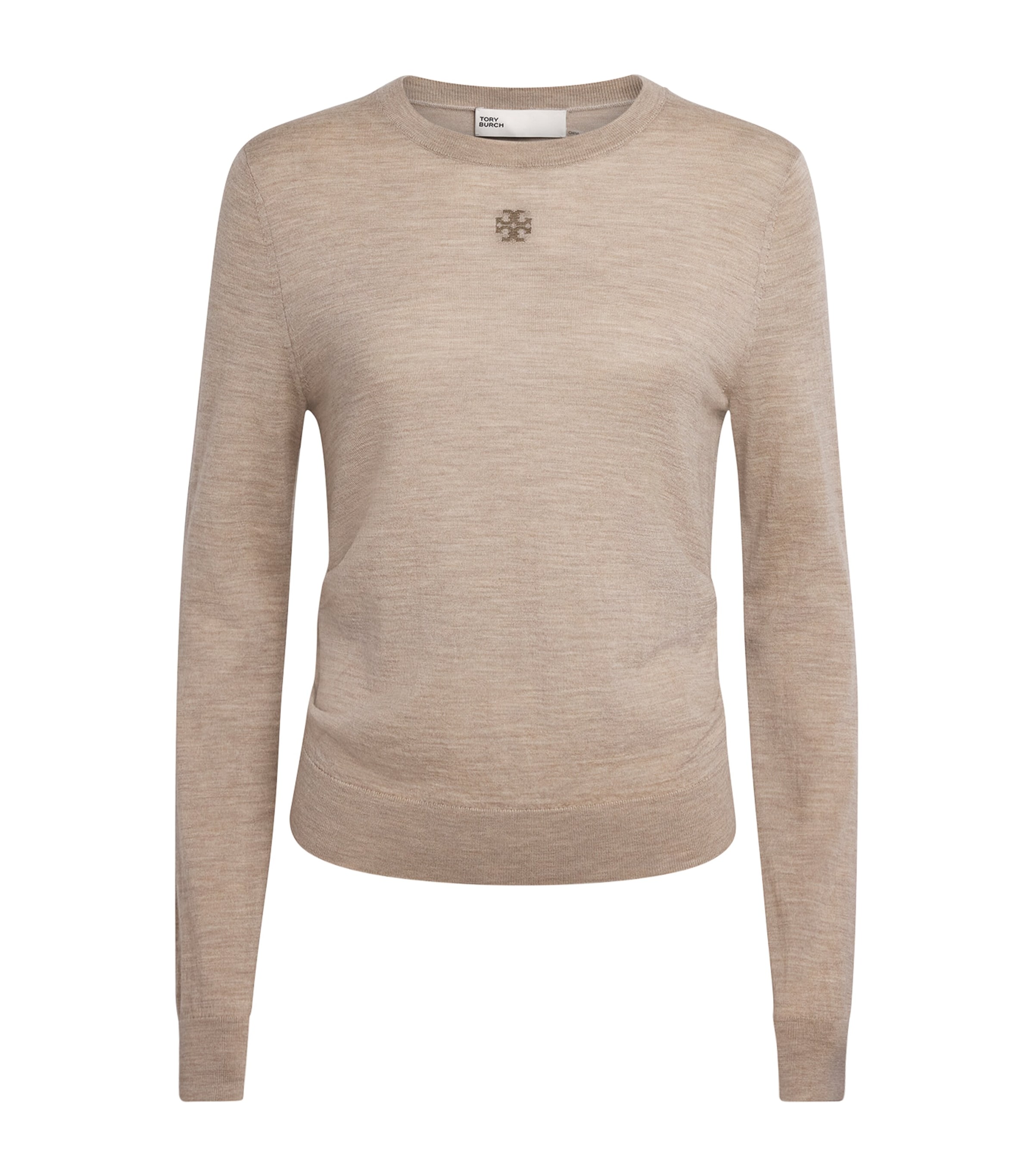 Tory Burch Womens Wool Monogram Sweater Light Beige Melange