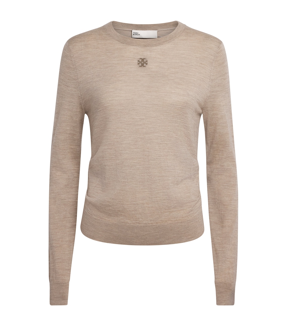 Tory Burch Womens Wool Monogram Sweater Light Beige Melange