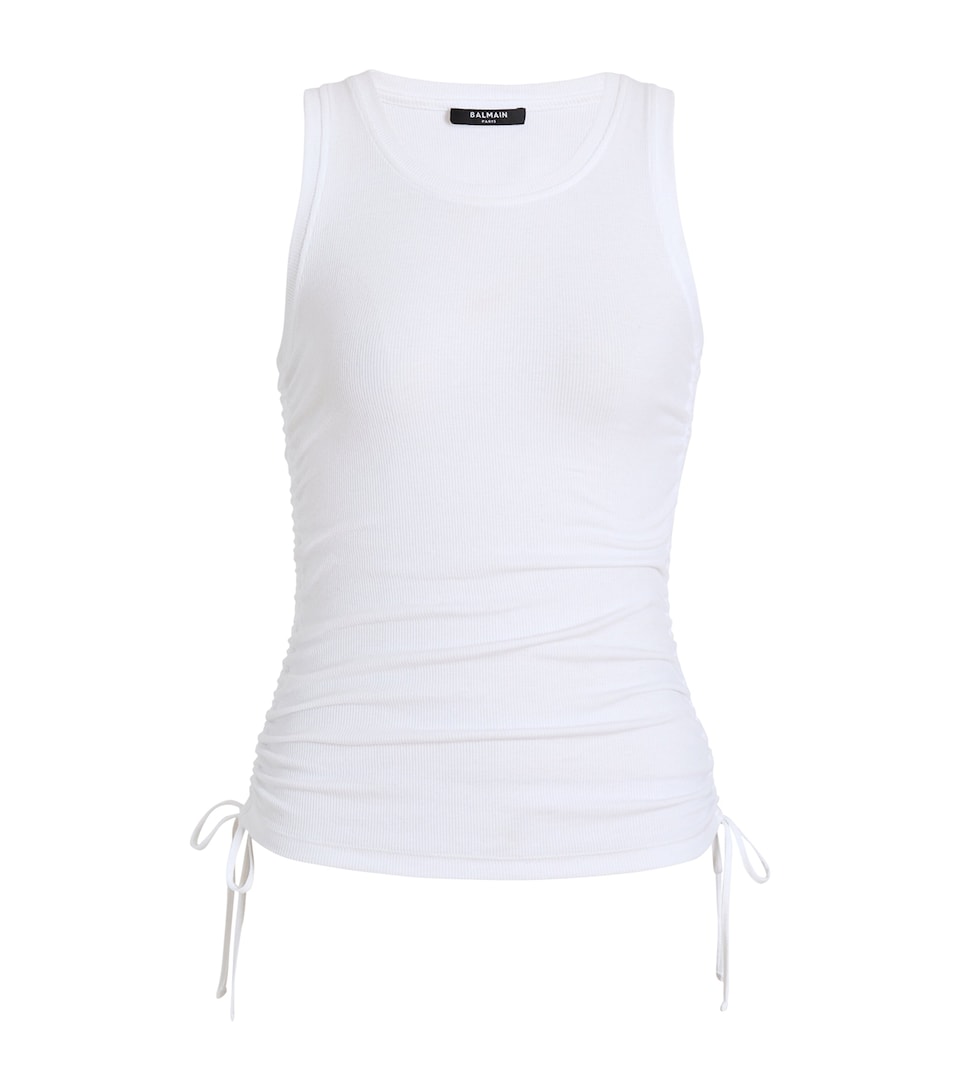 Balmain Womens Stretch-Cotton Drawstring Tank Top Blanc