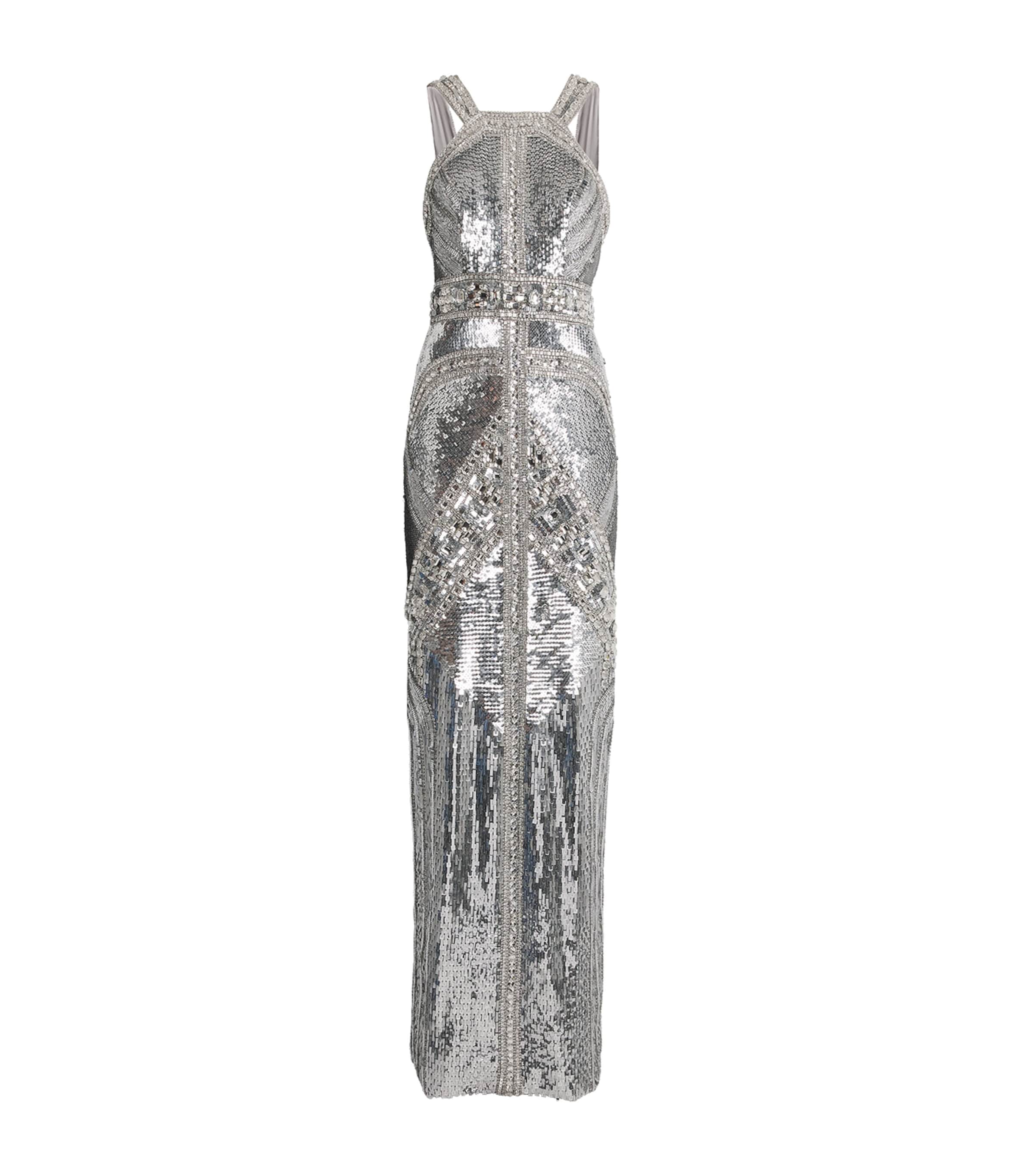 Pamella Roland Womens Embellished Halterneck Gown Silver