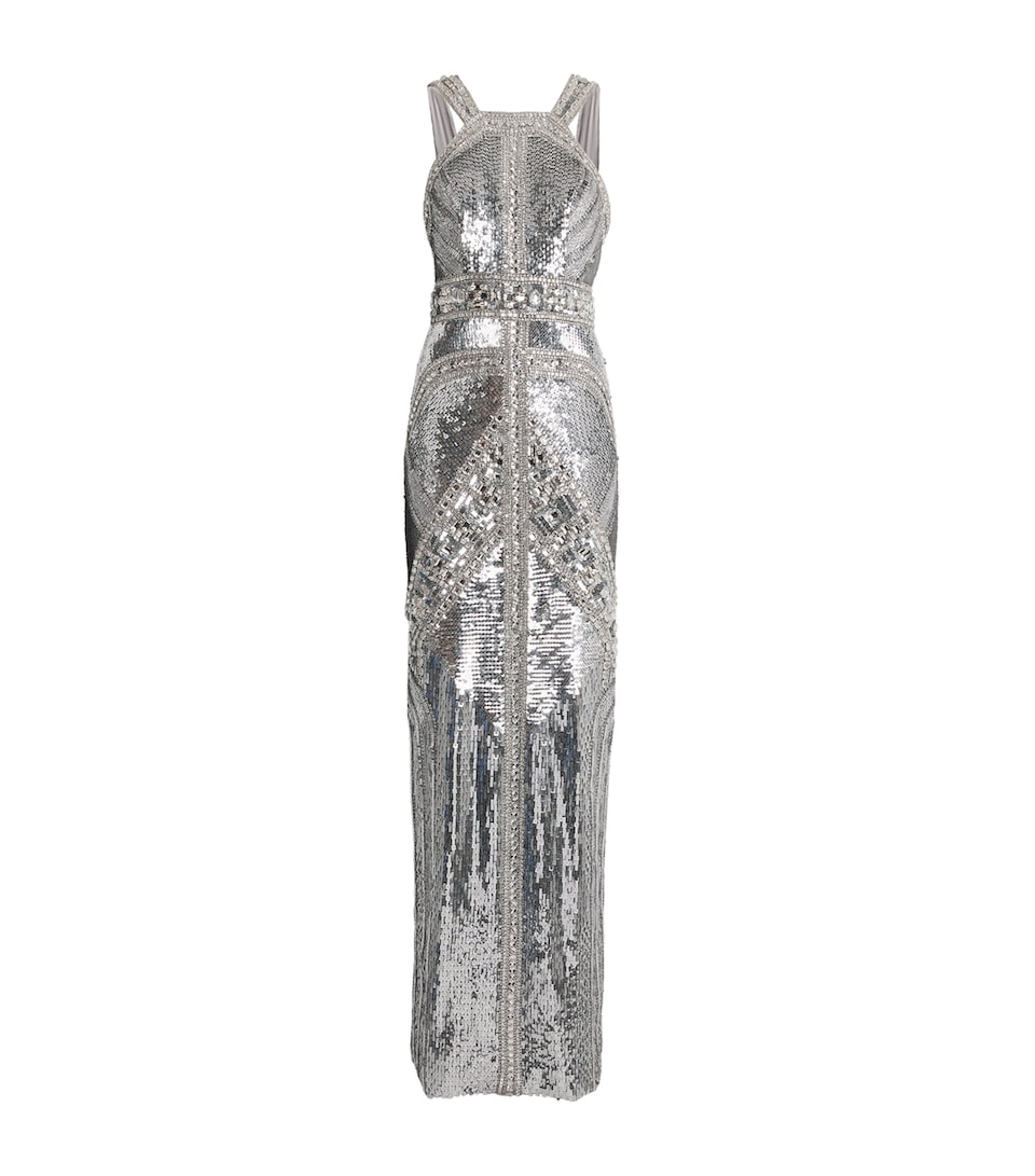 Pamella Roland Womens Embellished Halterneck Gown Silver