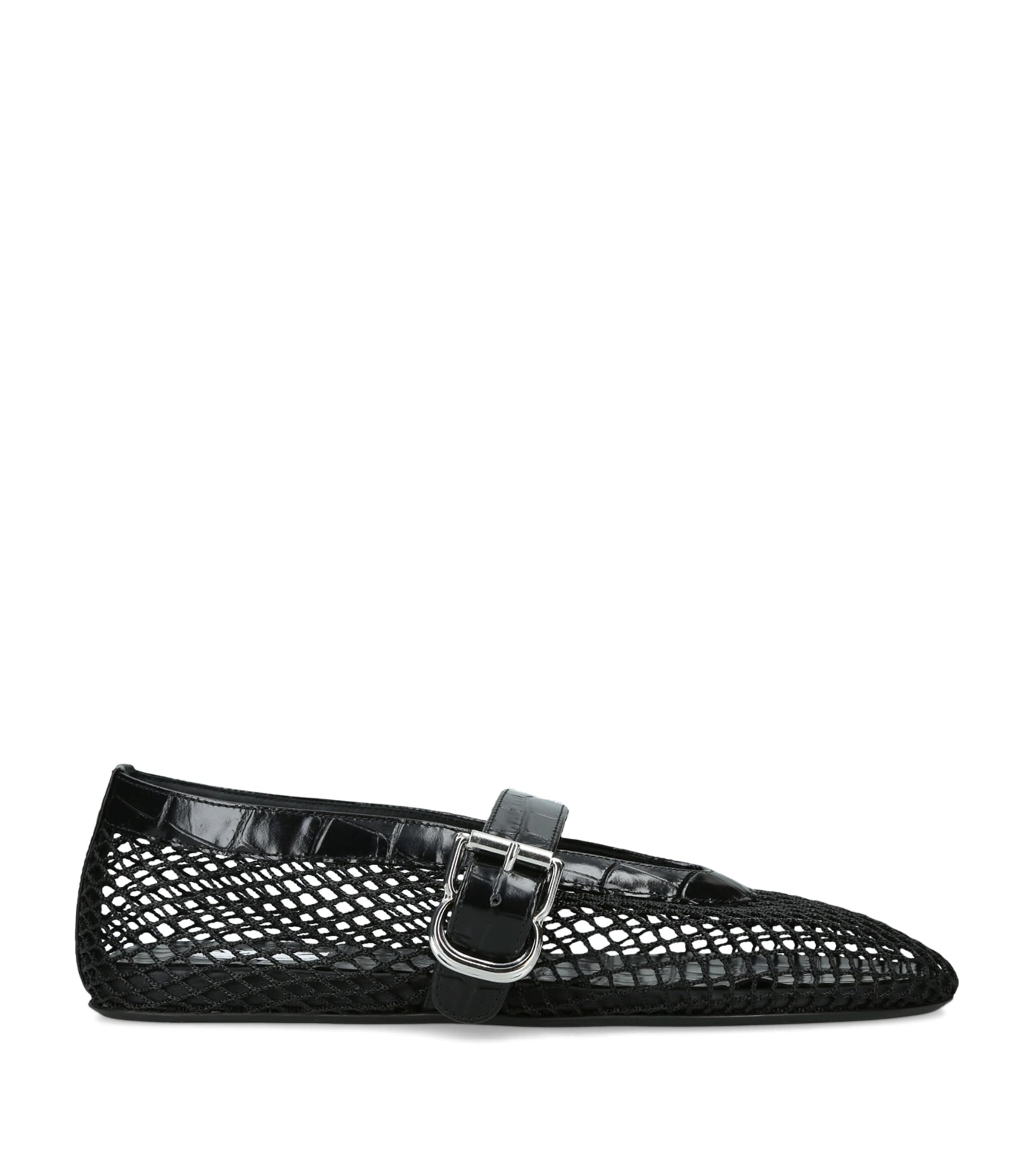 Alaïa Croc-Embossed Leather Mesh Ballet Flats Black