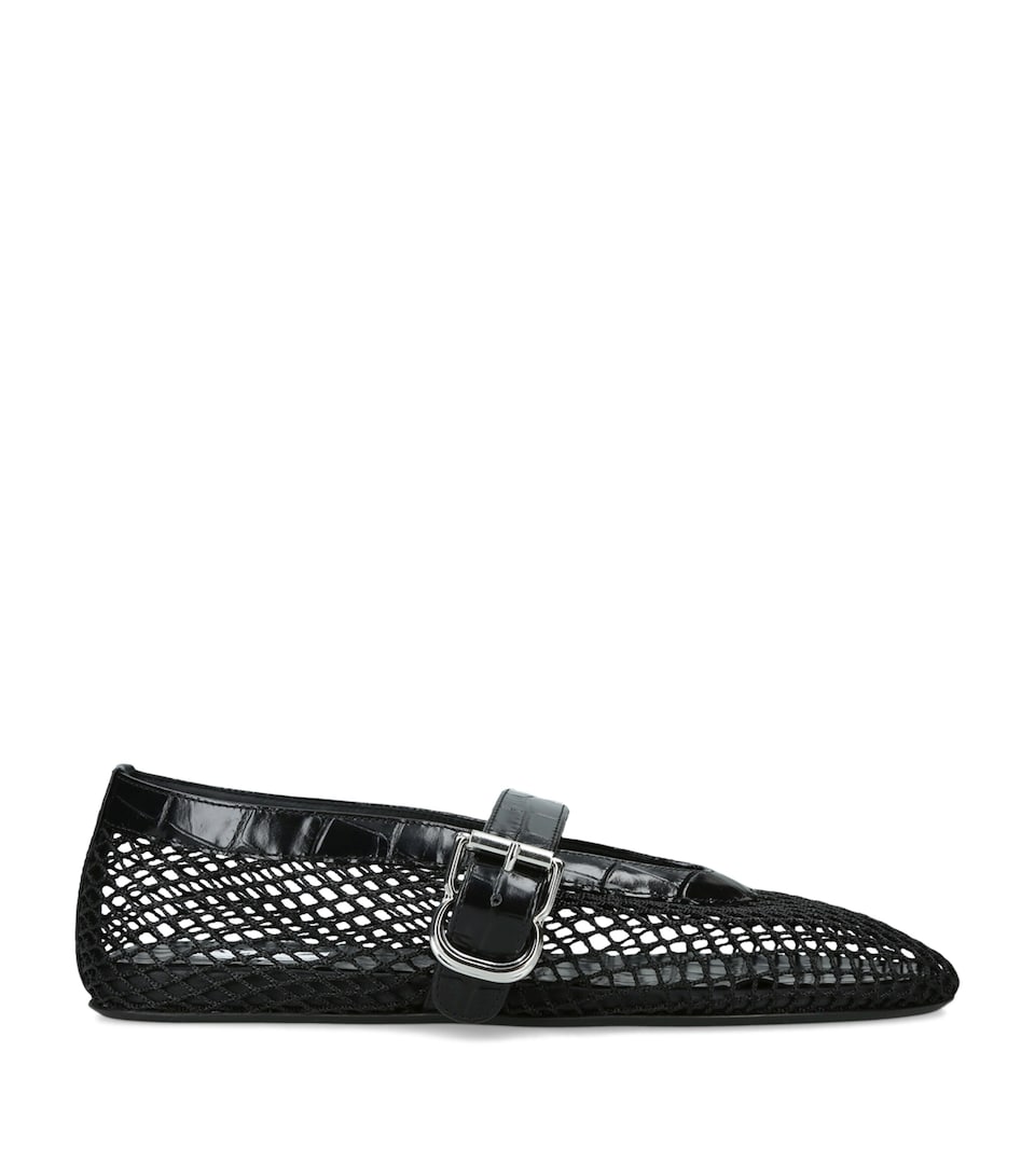 Alaïa Croc-Embossed Leather Mesh Ballet Flats Black