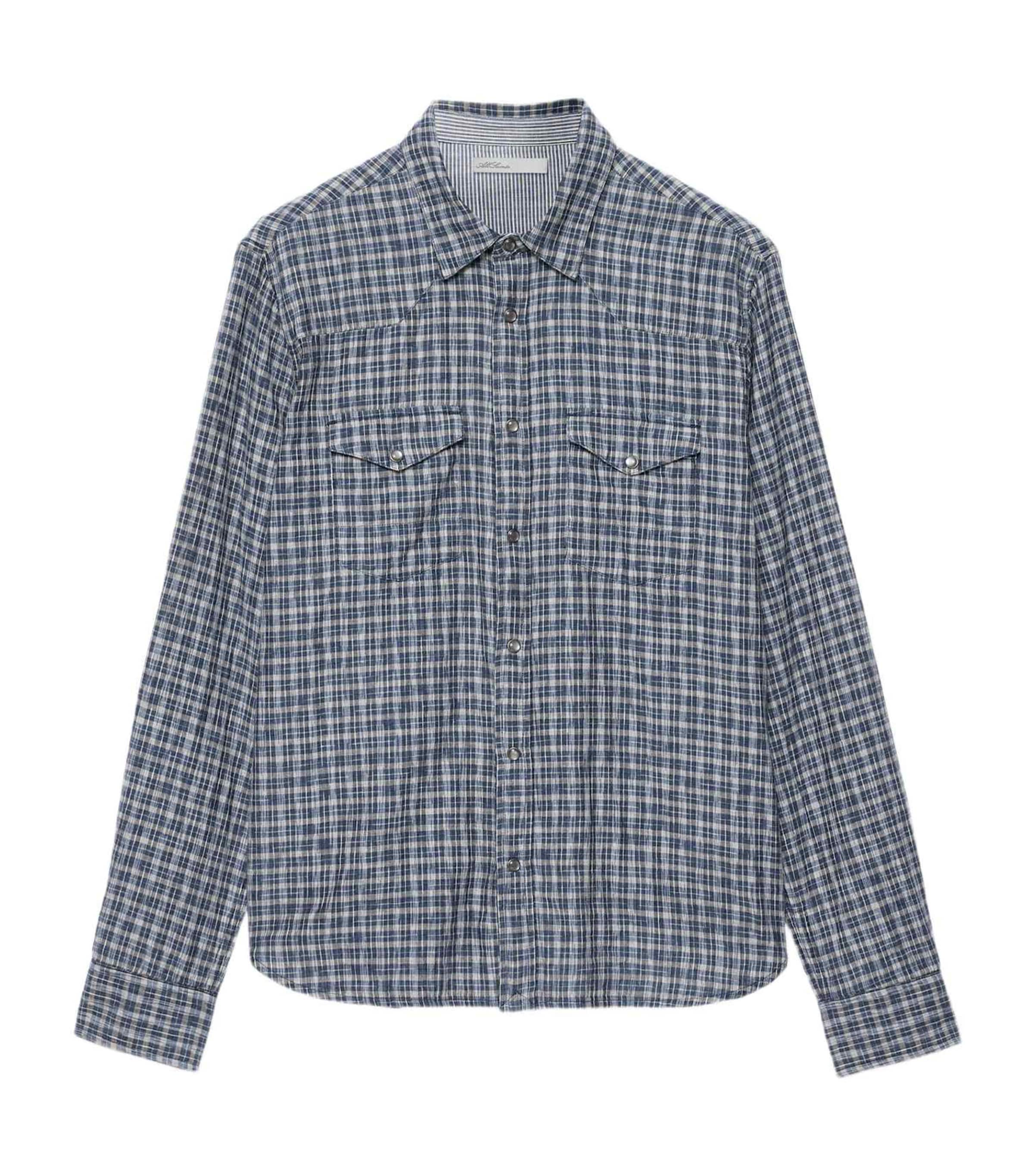 AllSaints Mens Organic Cotton Check Court Shirt Indigo Blue