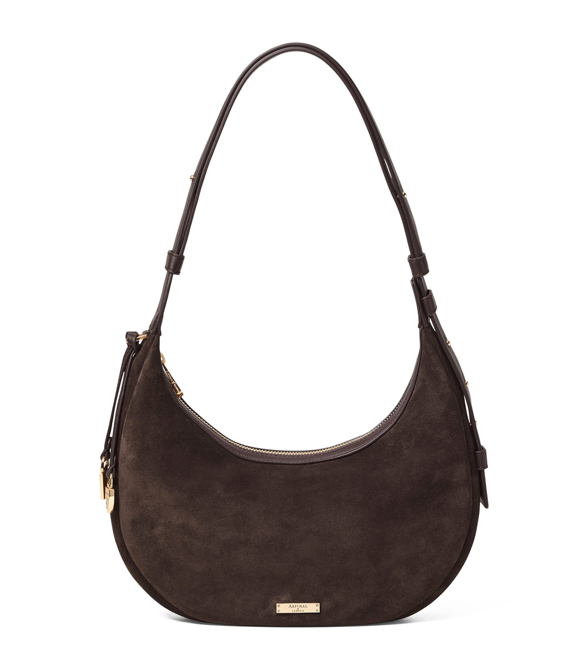 Aspinal Of London Small Suede Hudson Crescent Shoulder Bag Chocolate