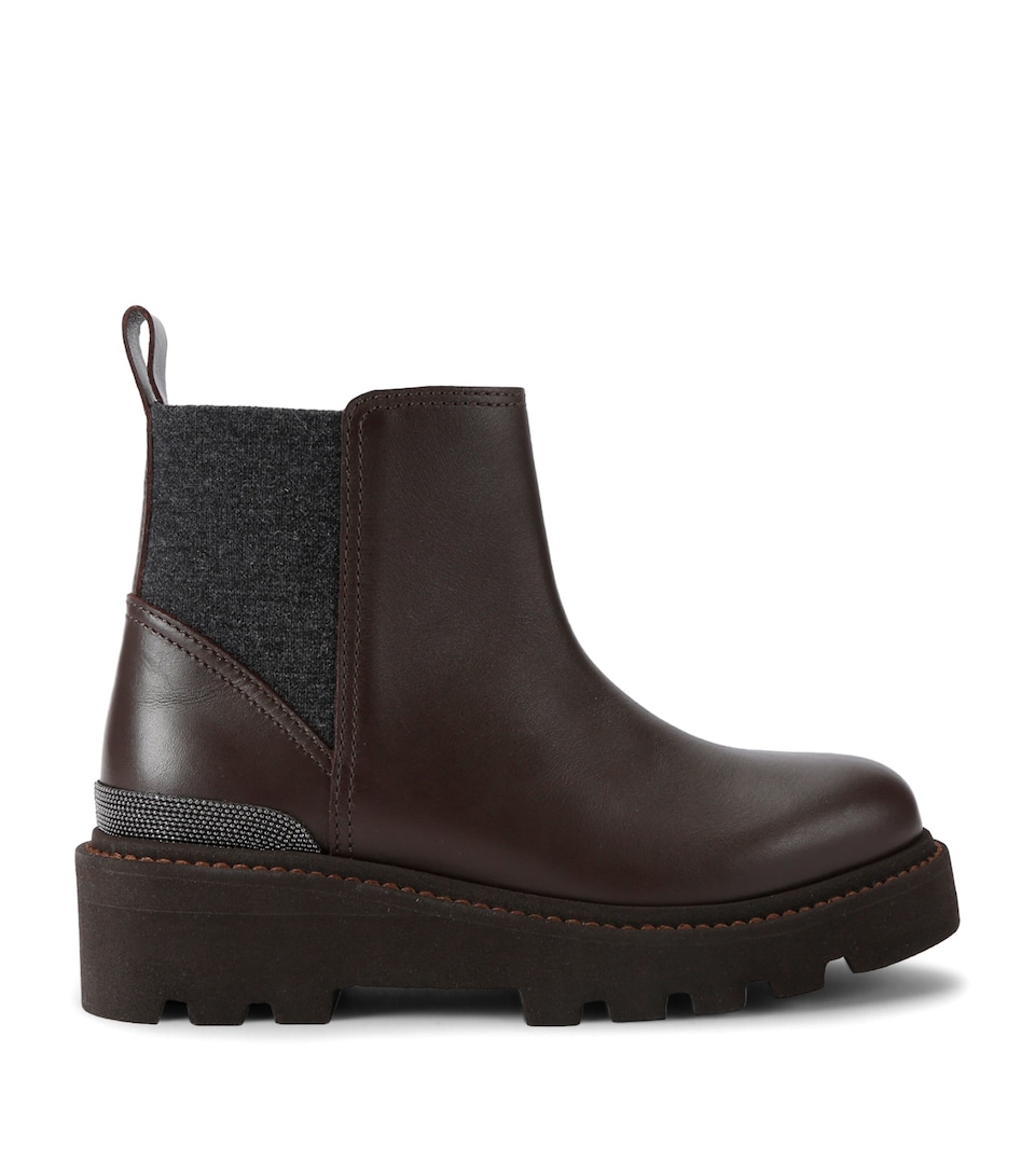Brunello Cucinelli Kids Leather Ankle Boots Dark Brown
