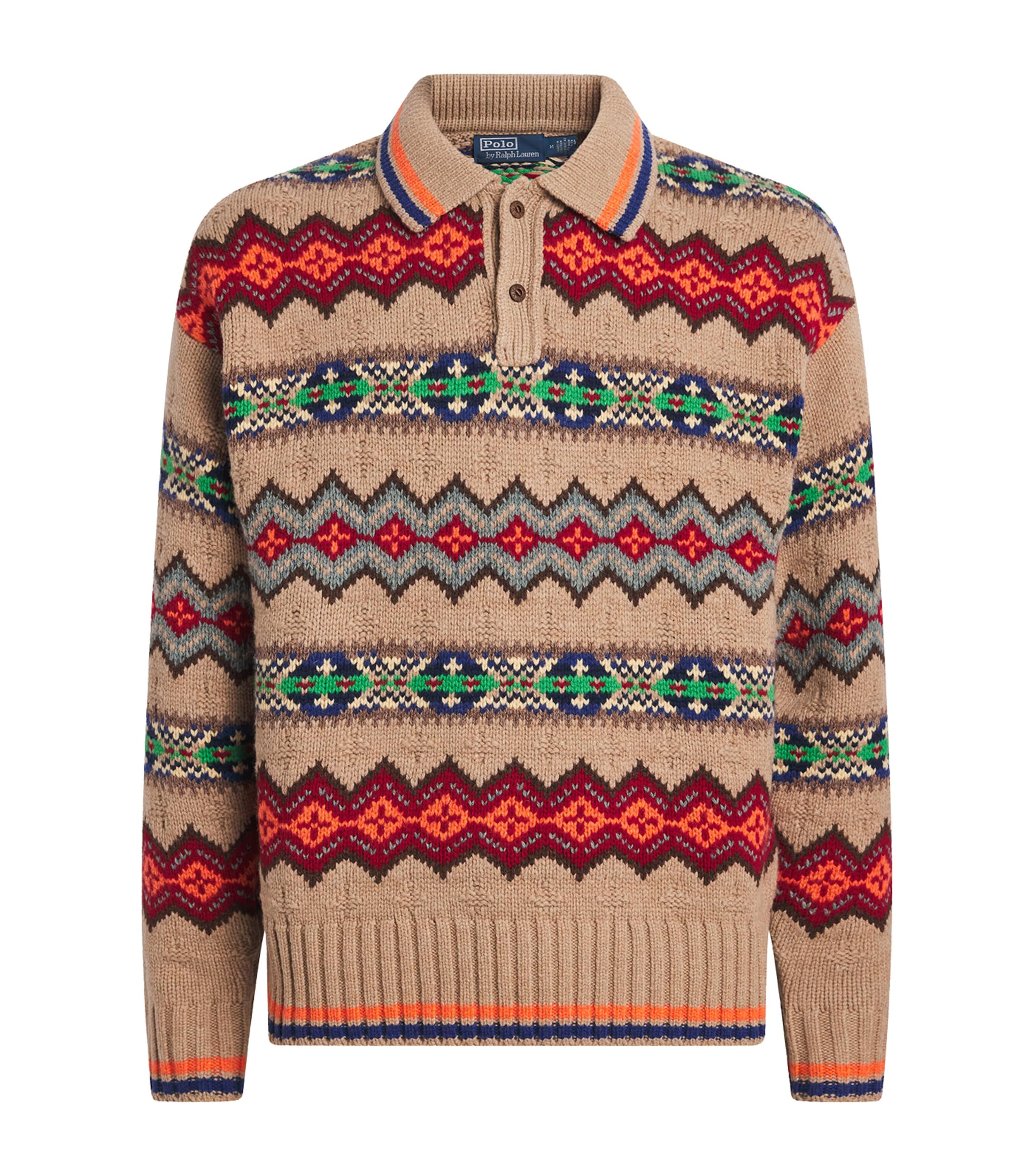 Polo Ralph Lauren Mens Fair Isle Wool-Blend Polo Sweater Tan Multi