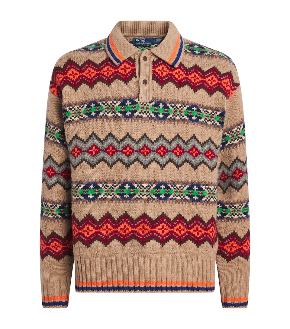 Polo Ralph Lauren Mens Fair Isle Wool-Blend Polo Sweater Tan Multi