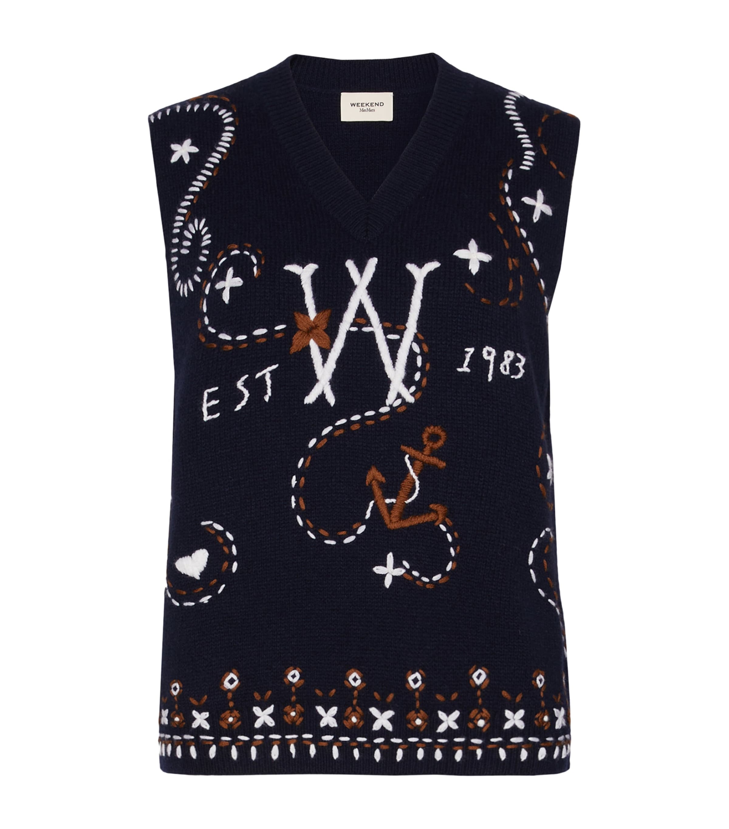 Weekend Max Mara Womens Virgin Wool Embroidered Sweater Vest Ultramarine