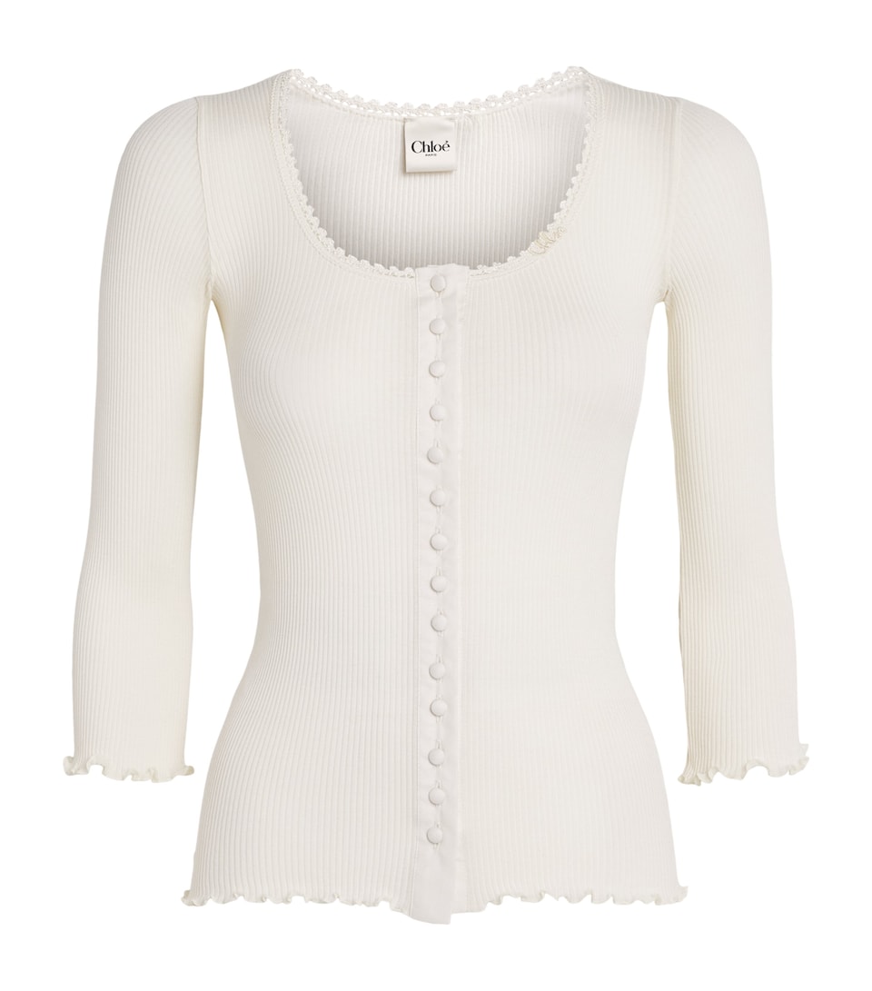 Chloé Womens Cotton-Silk Ribbed Cardigan Iconic Milk