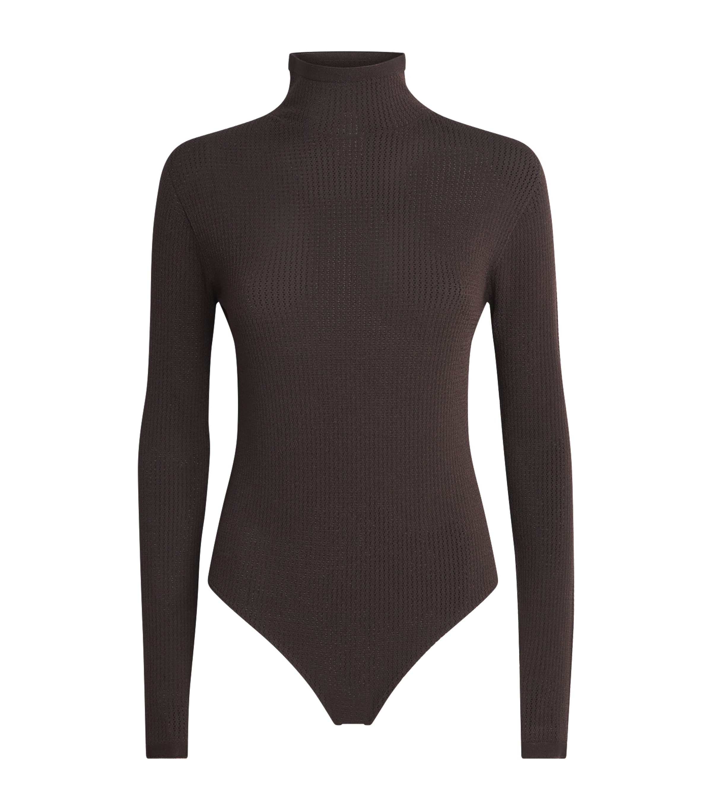 Wolford Womens Mesh Ribbed Seamless Bodysuit Dark Chocolate