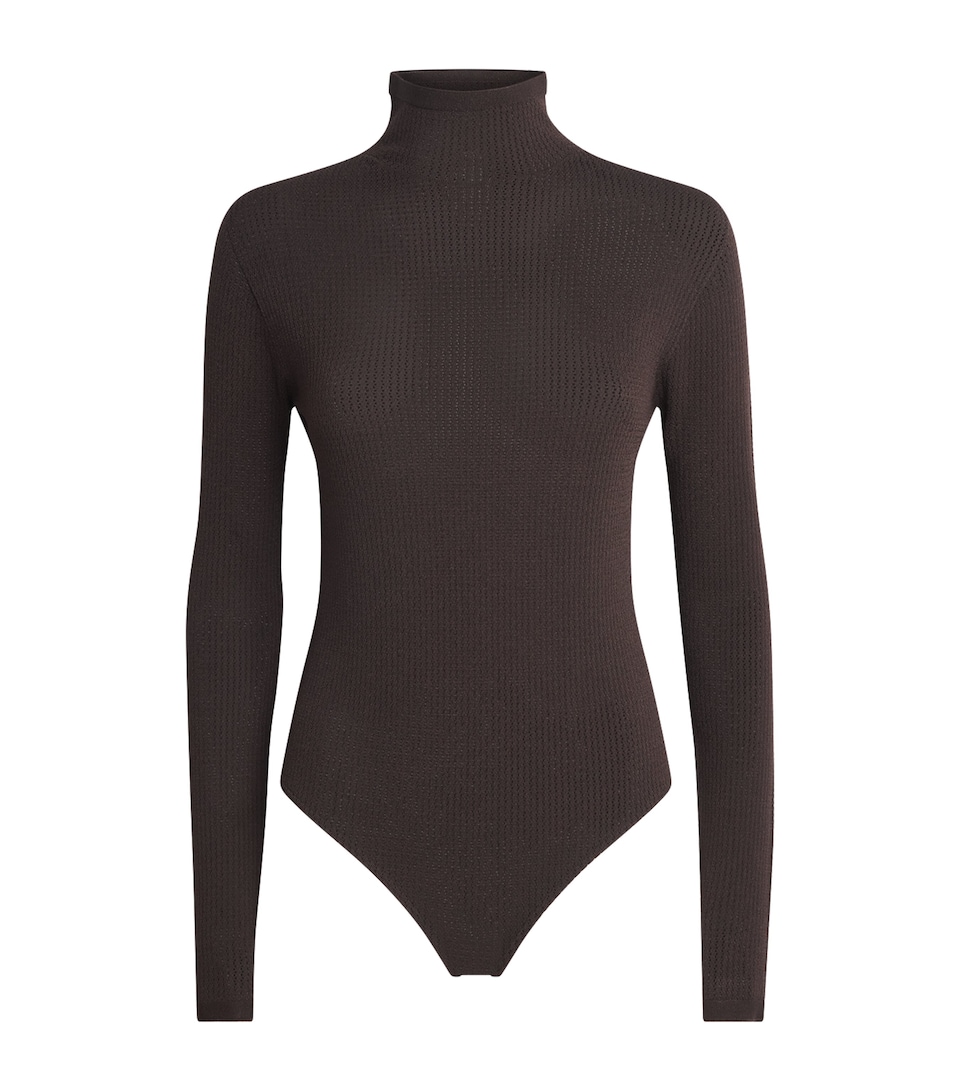 Wolford Womens Mesh Ribbed Seamless Bodysuit Dark Chocolate