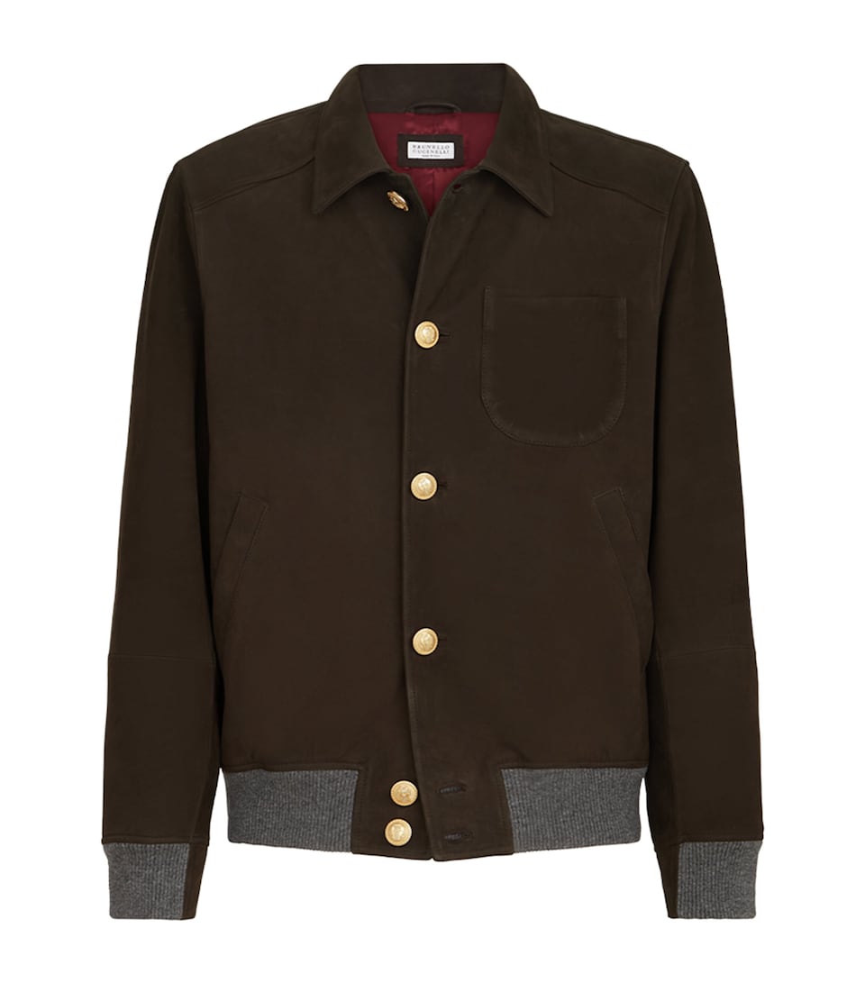Brunello Cucinelli Mens Leather Bomber Jacket Dark Brown