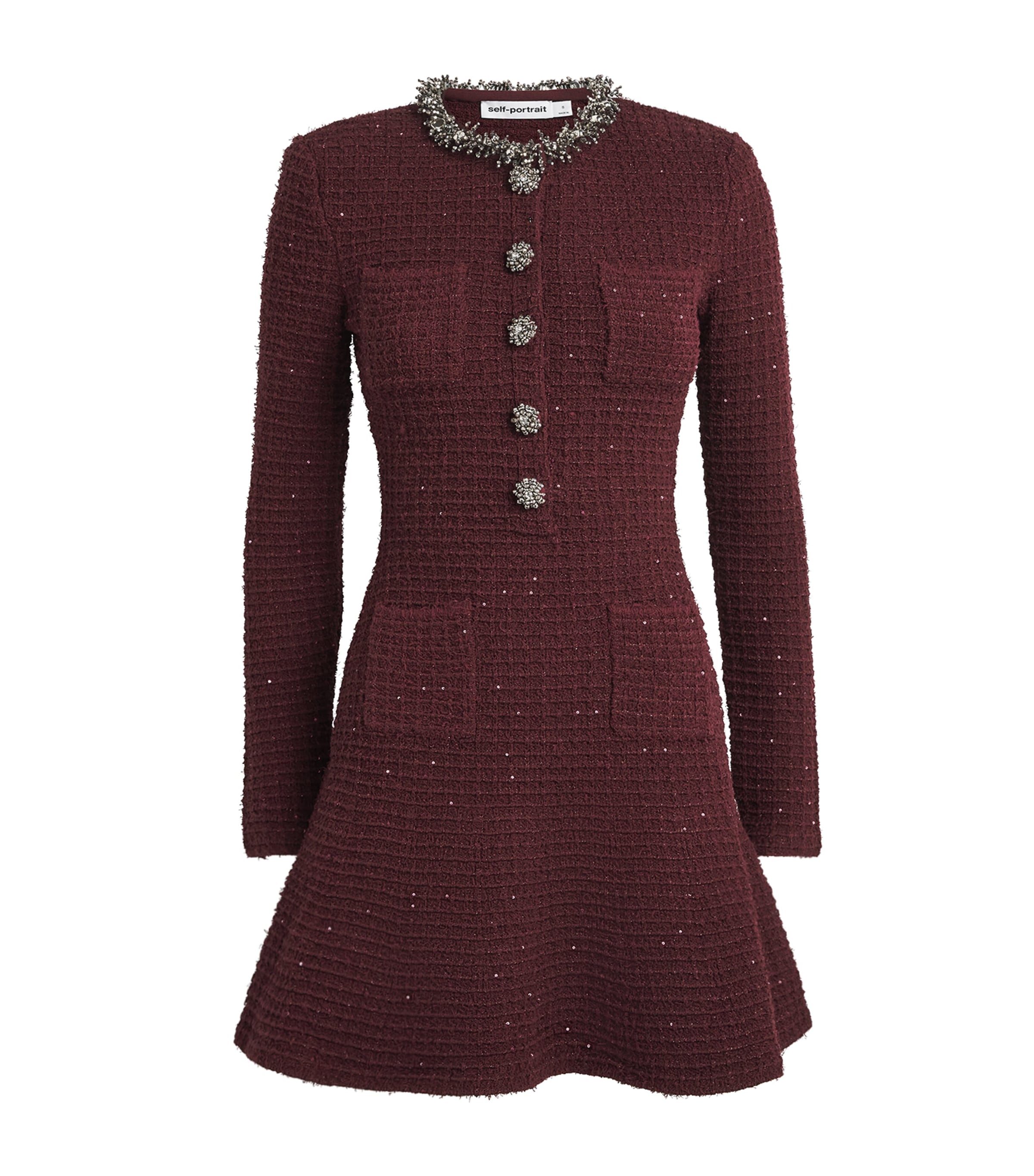 Self-Portrait Womens Knitted Embellished Mini Dress Burgundy