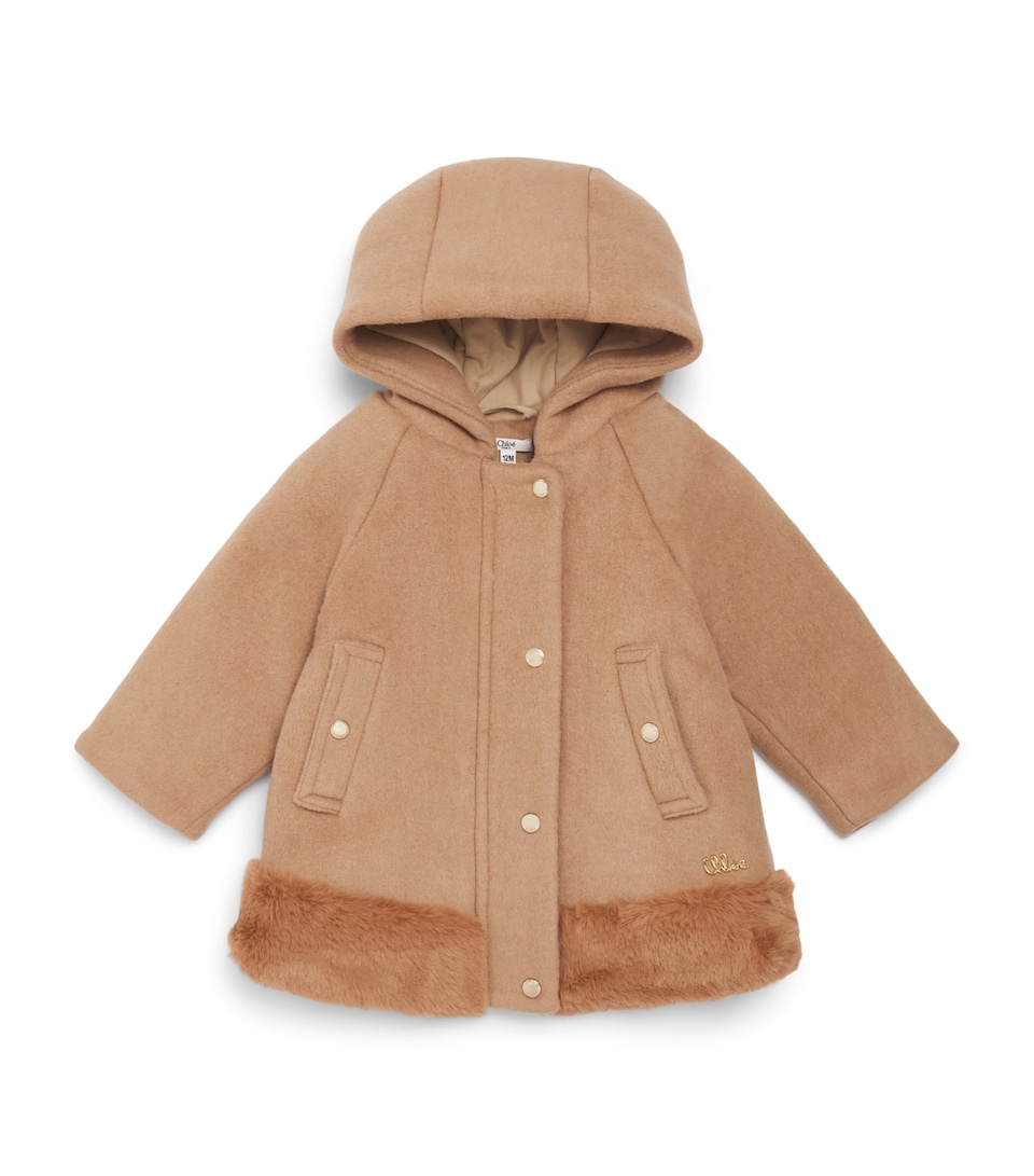 Chloé Kids Wool-Blend Hooded Coat (6-36 Months) Dark Stone