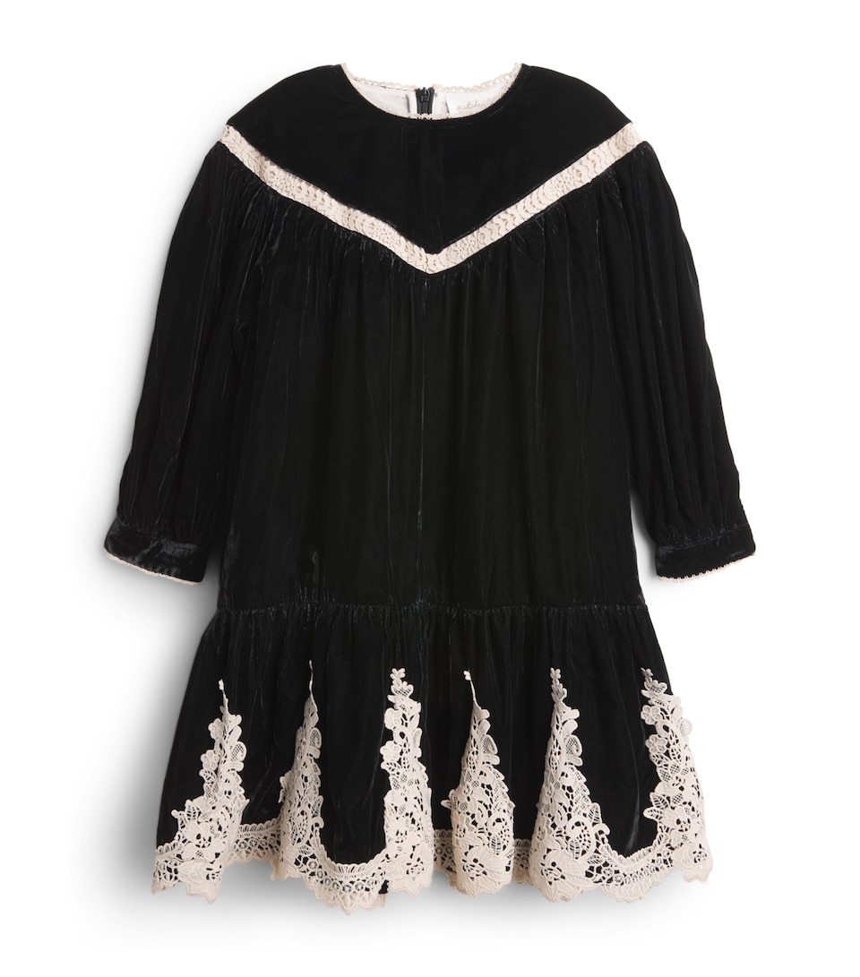 PETITE AMALIE Velvet Smock Dress (4-16 Years) Black/cream Lace