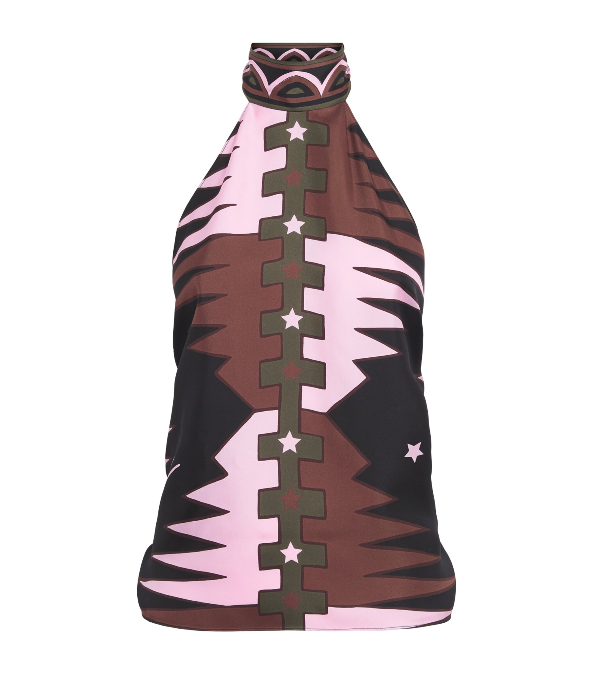 PUCCI Womens Silk Valdimontone Print Halterneck Blouse Khaki Pink