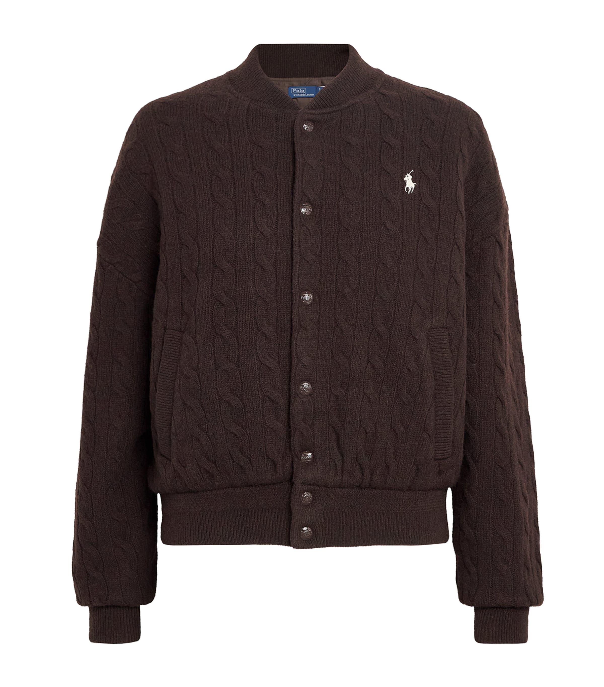 Polo Ralph Lauren Womens Wool-Cashmere Cable-Knit Bomber Jacket Walnut Brown Melange