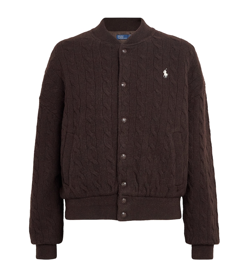 Polo Ralph Lauren Womens Wool-Cashmere Cable-Knit Bomber Jacket Walnut Brown Melange