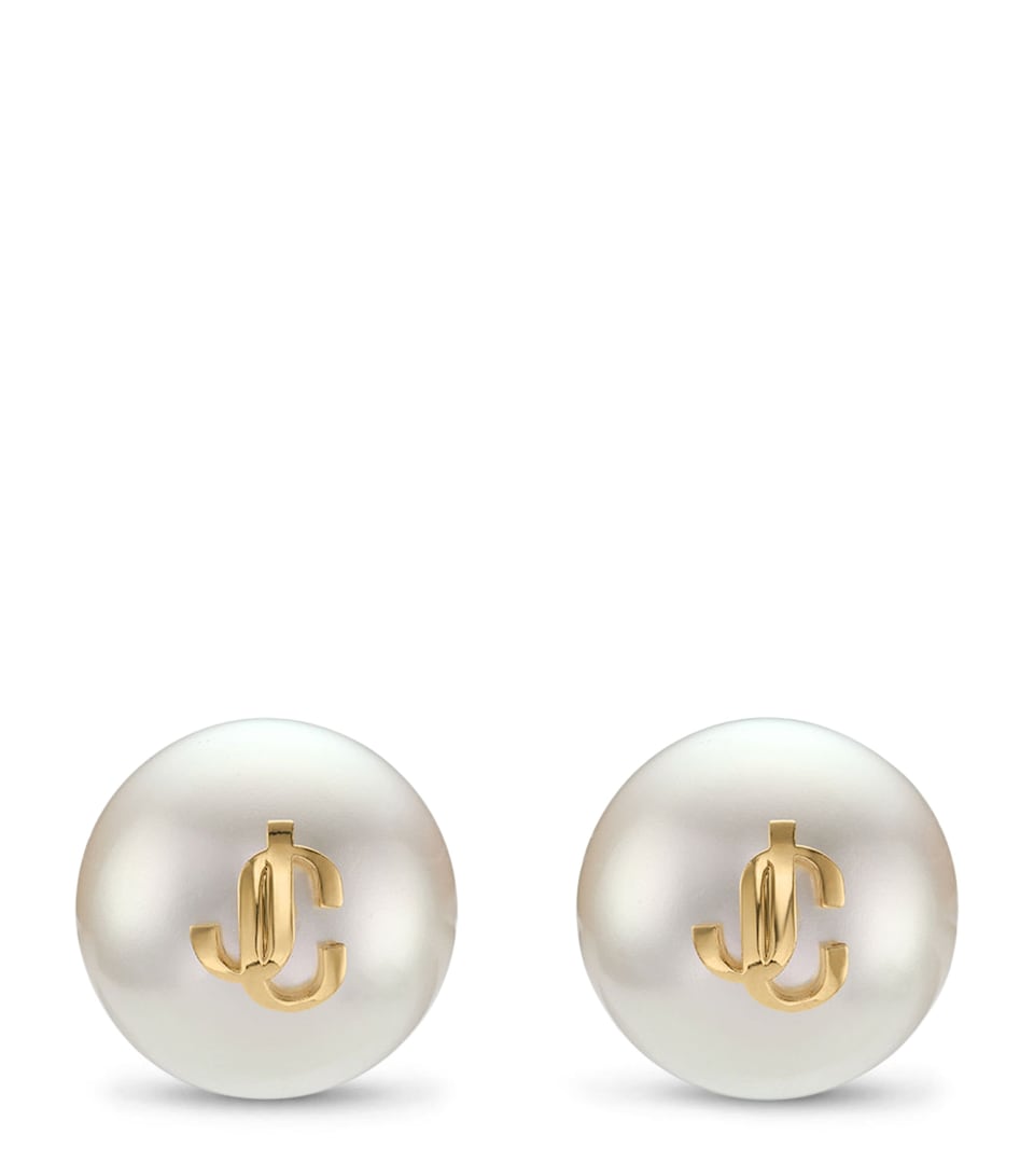 Jimmy Choo Faux Pearl Logo Stud Earrings Gold/white