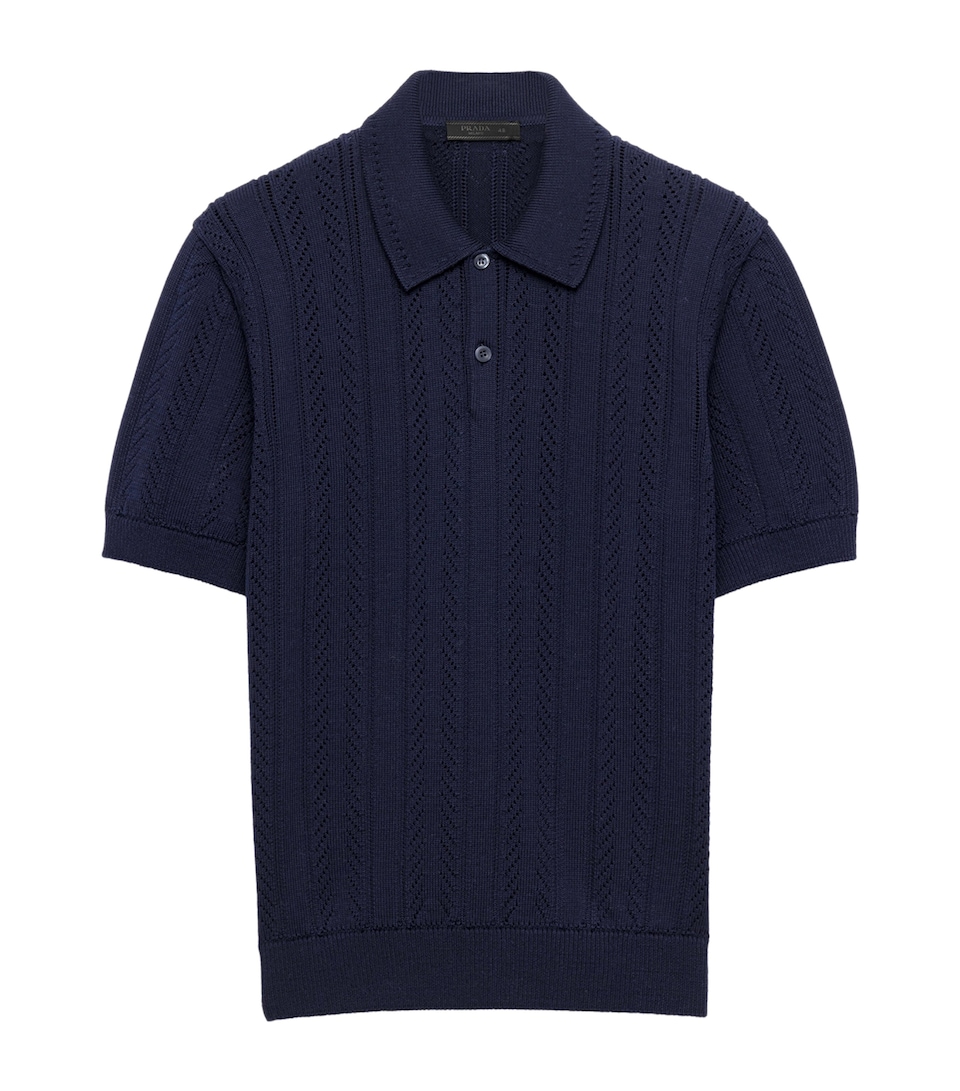Prada Mens Cotton Pointelle Polo Shirt Blue
