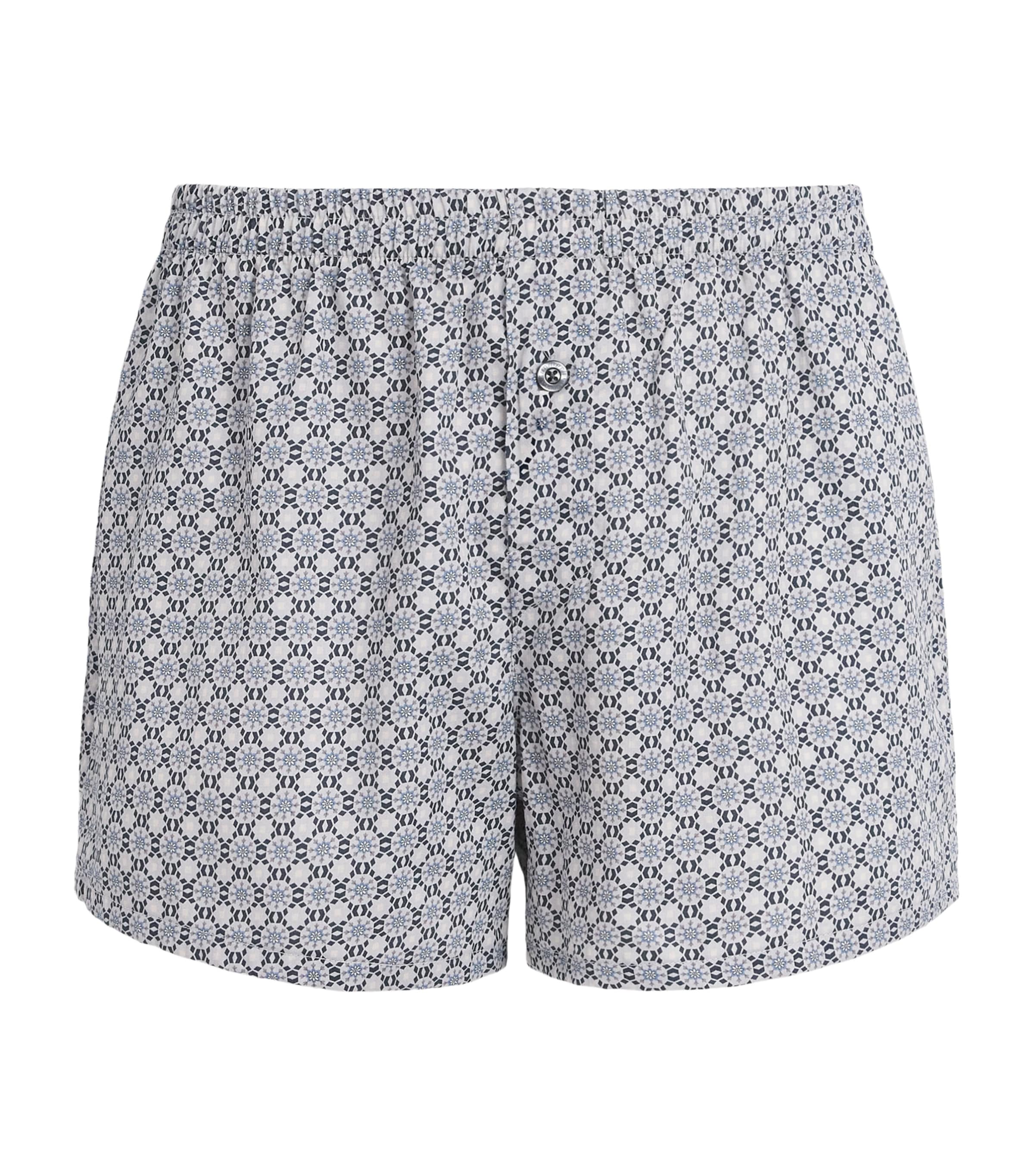 Zimmerli Mens Cotton Sateen Printed Boxer Shorts Blue Mosaic