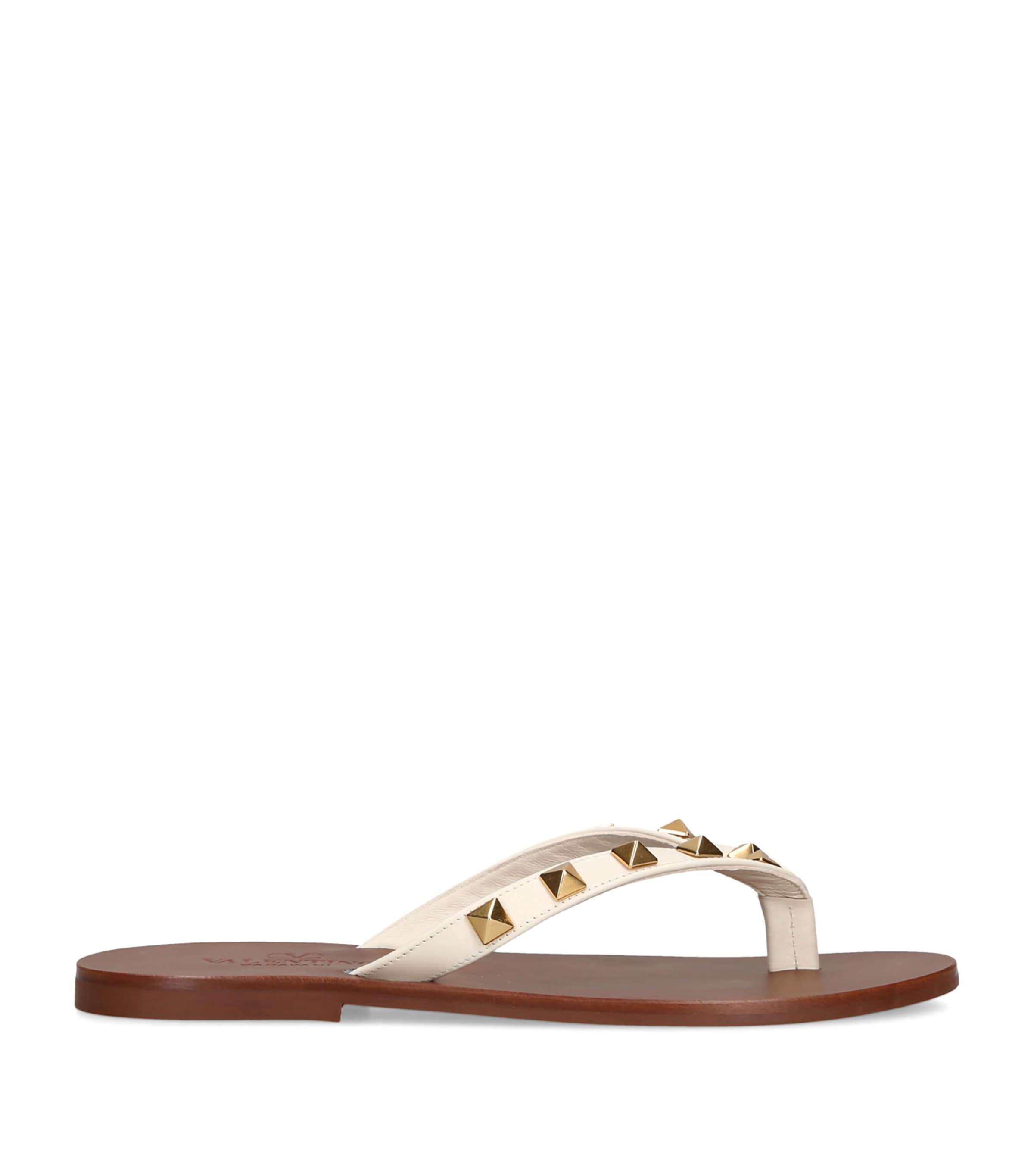 Valentino Garavani Leather Rockstud Flip Flops White/oth