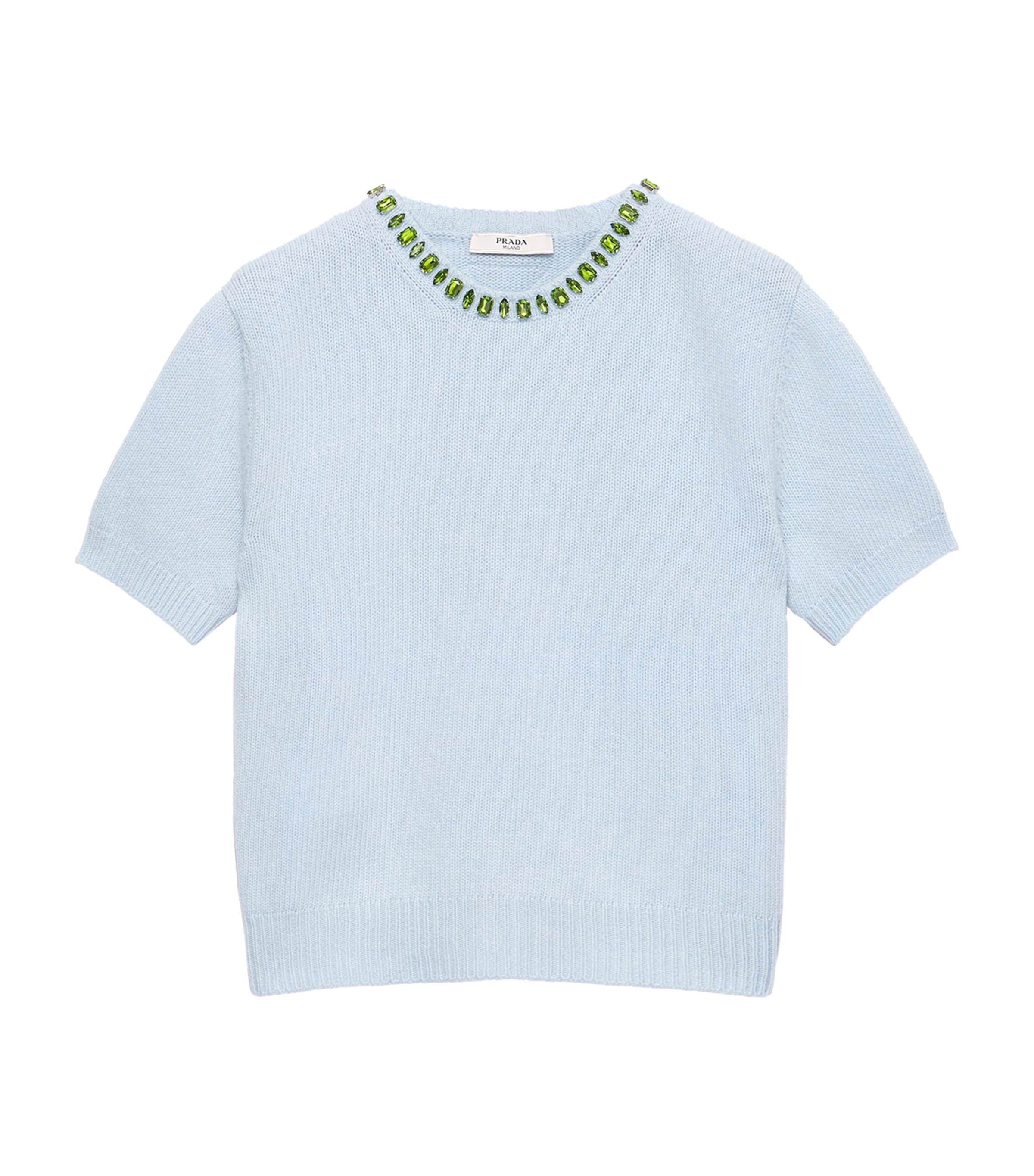 Prada Womens Wool-Cashmere Embellished Sweater Light Blue