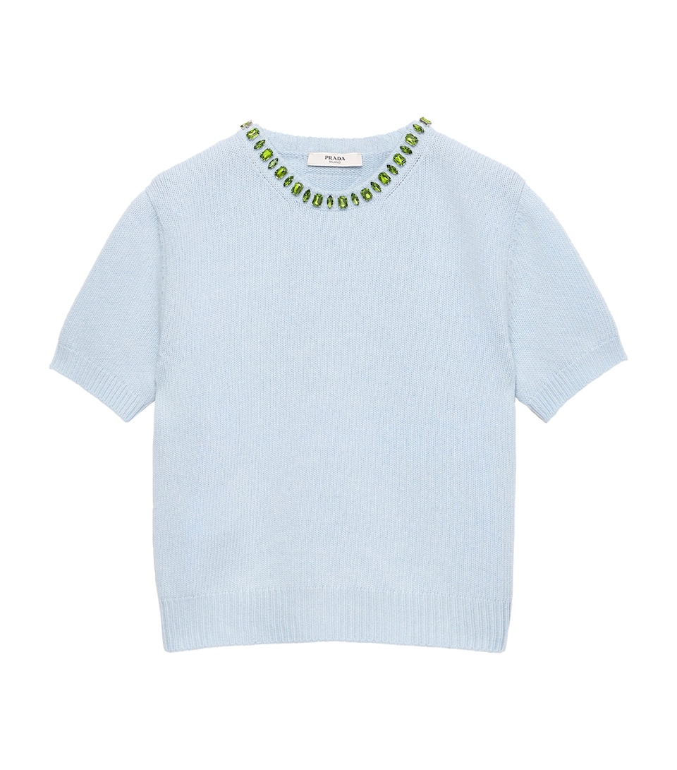 Prada Womens Wool-Cashmere Embellished Sweater Light Blue