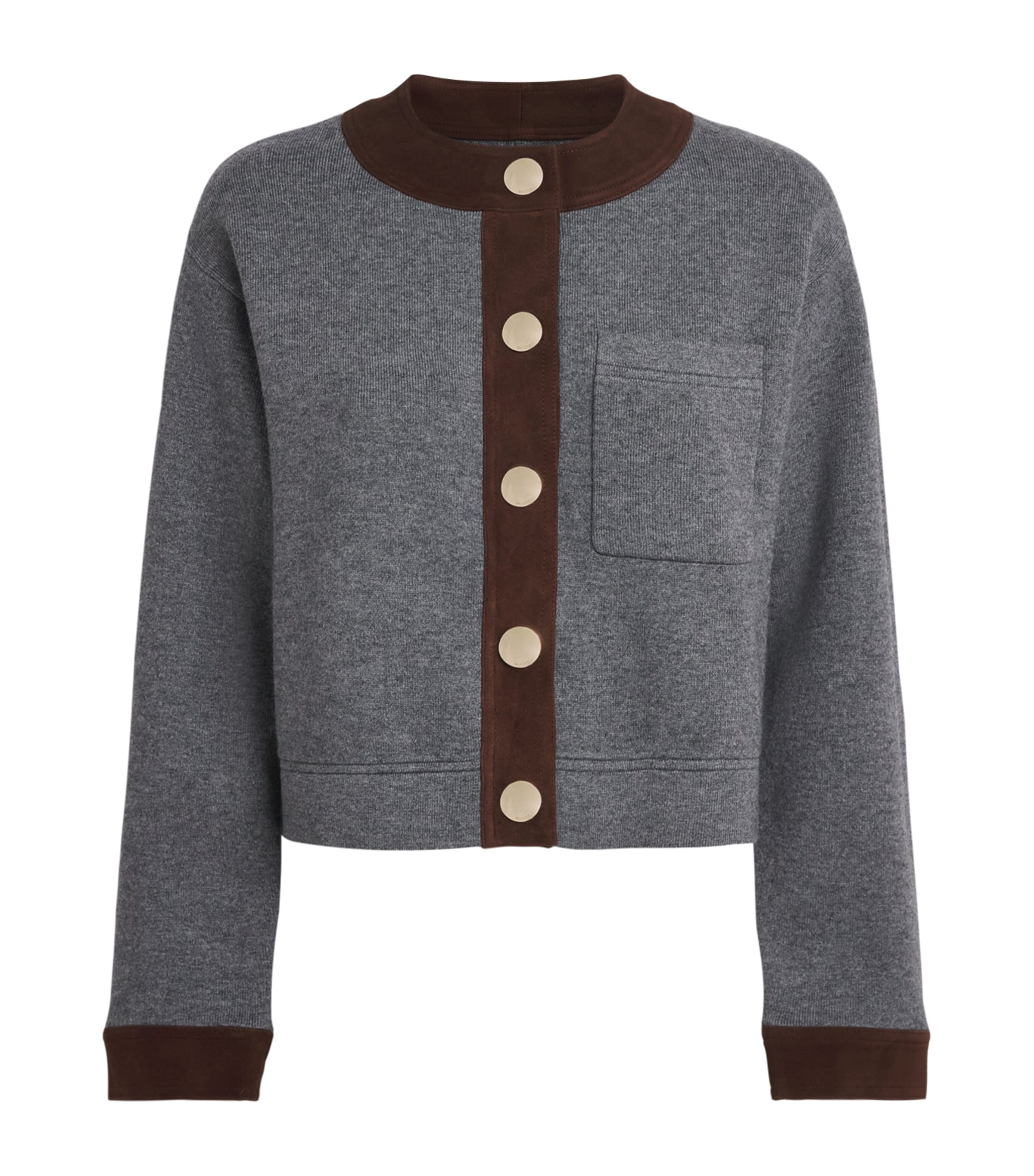 Sandro Paris Womens Suede-Trim Cropped Cardigan Grey