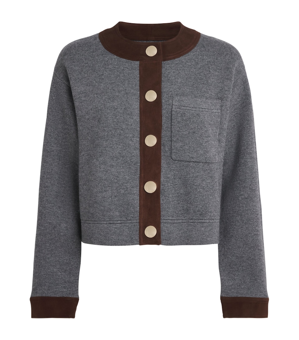 Sandro Paris Womens Suede-Trim Cropped Cardigan Grey