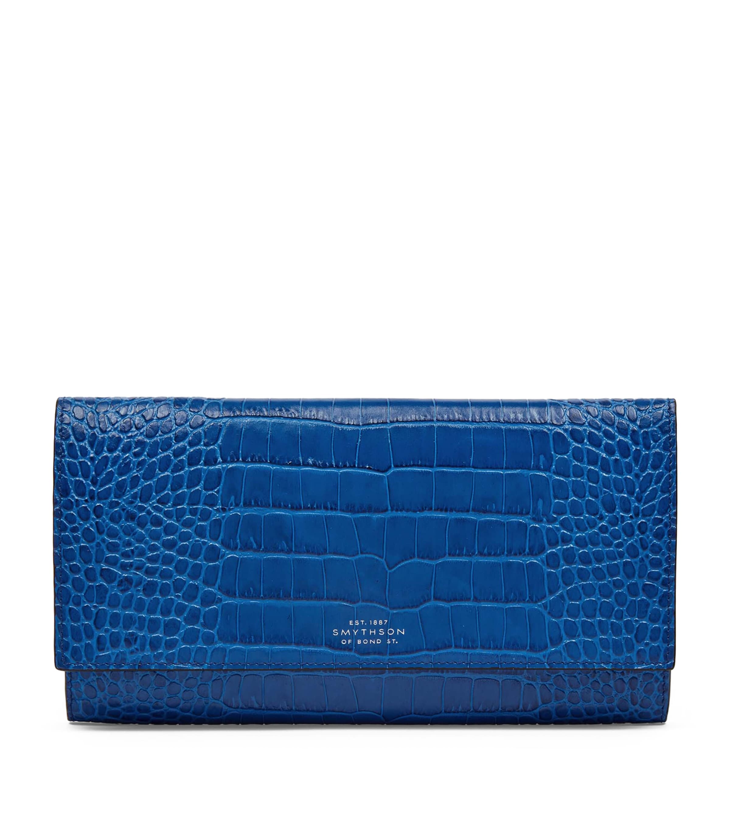 Smythson Leather Croc-Embossed Marshall Travel Wallet Cerulean