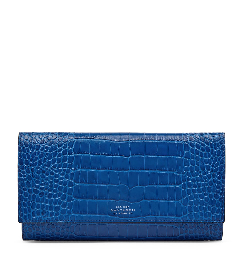 Smythson Leather Croc-Embossed Marshall Travel Wallet Cerulean
